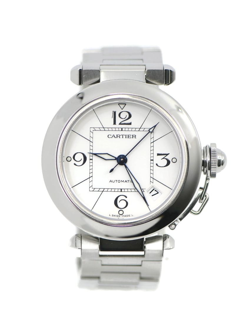 Cartier Pasha Automatic 35mm Stainless Steel Men's Watch W31074M7 with Box: Cartier Pasha Automatic 35mm Stainless Steel Men's Watch W31074M7 with Box This Cartier Pasha wristwatch features a 35 mm stainless steel case and matching stainless steel band. Powered by a mechanica