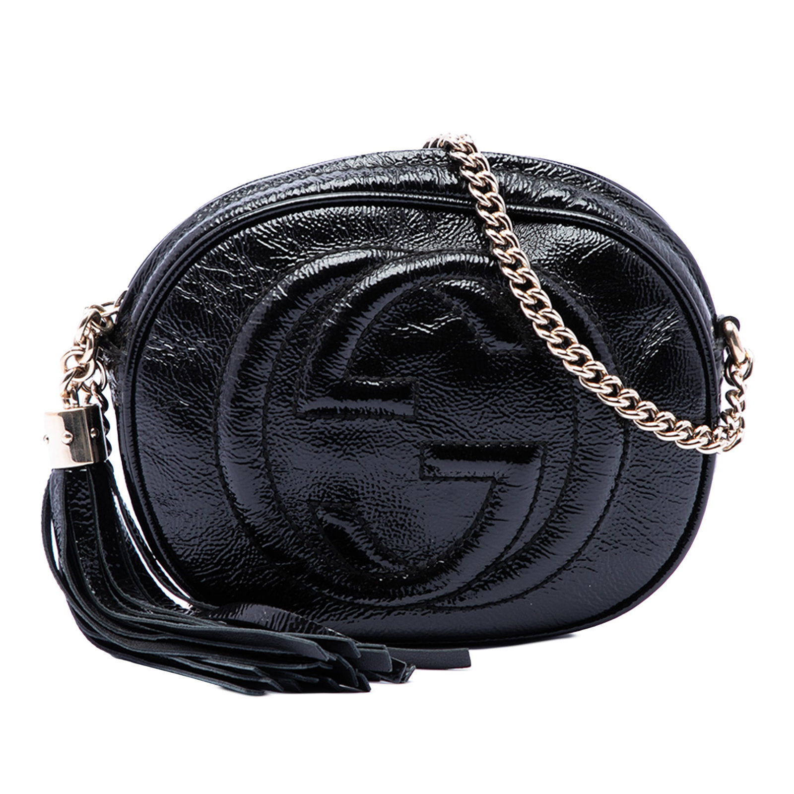 Gucci black patent leather mini chain crossbody bag: Gucci black patent leather mini chain crossbody bag This Gucci Mini Patent Soho Chain Crossbody is crafted from black patent leather and features a gold-tone chain strap, a tassel accent, and a top zi