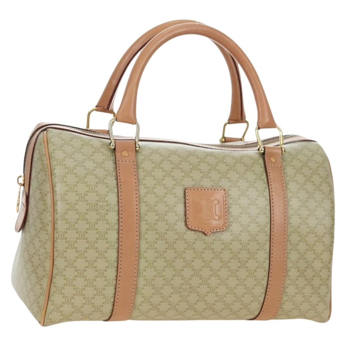 Celine Macadam Mini Boston Bag Beige PVC Leather with Dust Bag: Celine Macadam Mini Boston Bag Beige PVC Leather with Dust Bag A Celine Macadam Canvas Mini Boston Bag in beige and gold, crafted from PVC leather and Macadam canvas. This Boston bag comes with a dust