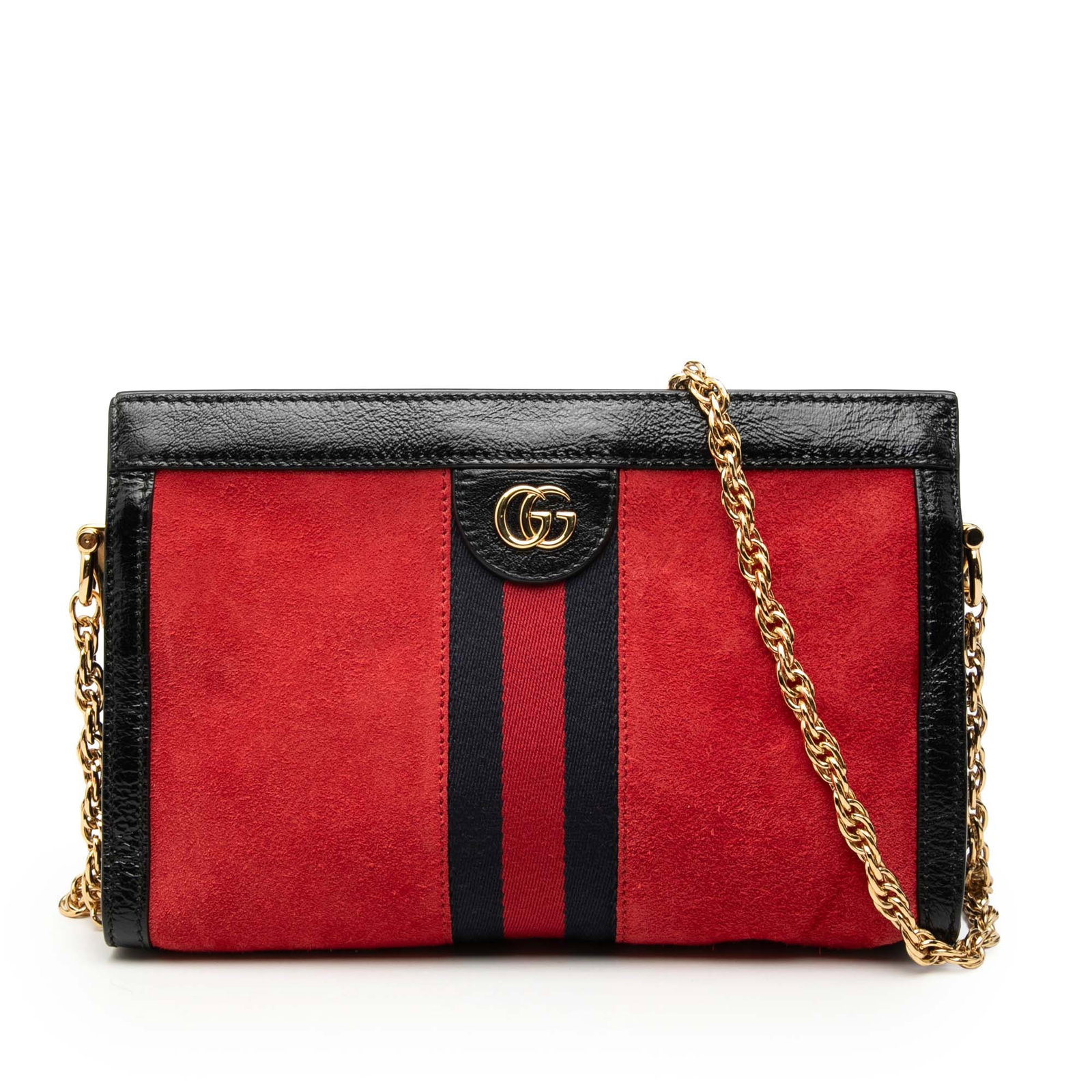 Gucci Ophidia Small Red Suede Chain Strap Crossbody Bag: Gucci Ophidia Small Red Suede Chain Strap Crossbody Bag This Gucci Small Suede Web Ophidia Chain Crossbody bag features a red suede body with patent leather trim and a gold-tone chain shoulder strap. 