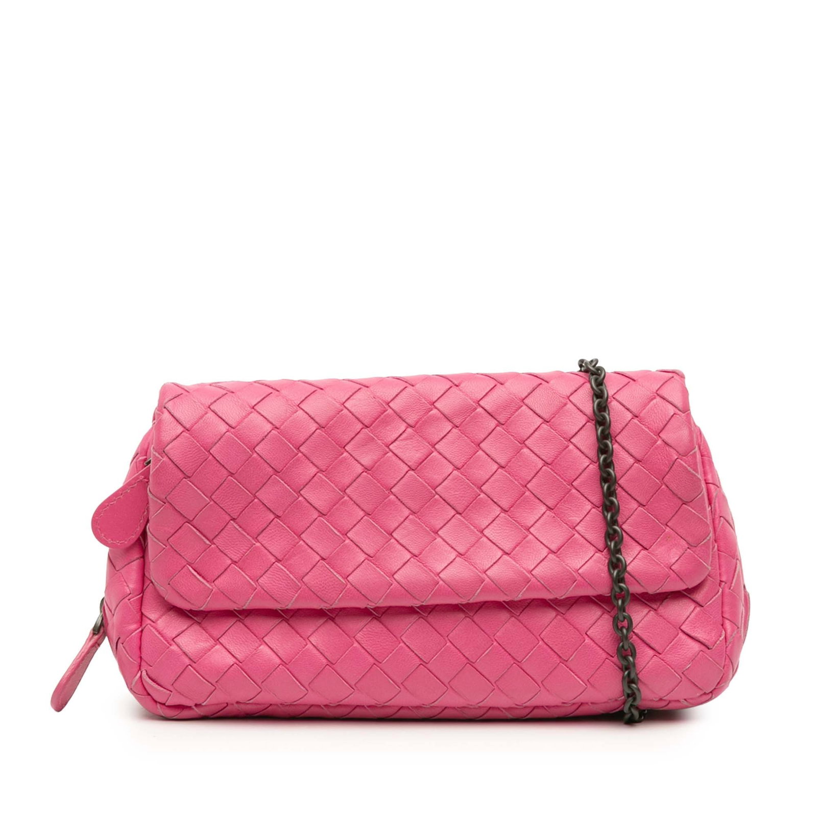 Bottega Veneta Mini Nappa Intrecciato Pink Chain Flap Crossbody: Bottega Veneta Mini Nappa Intrecciato Pink Chain Flap Crossbody This Bottega Veneta Mini Nappa Intrecciato Expandable Chain Flap Crossbody bag showcases a beautifully woven leather exterior in an eleg