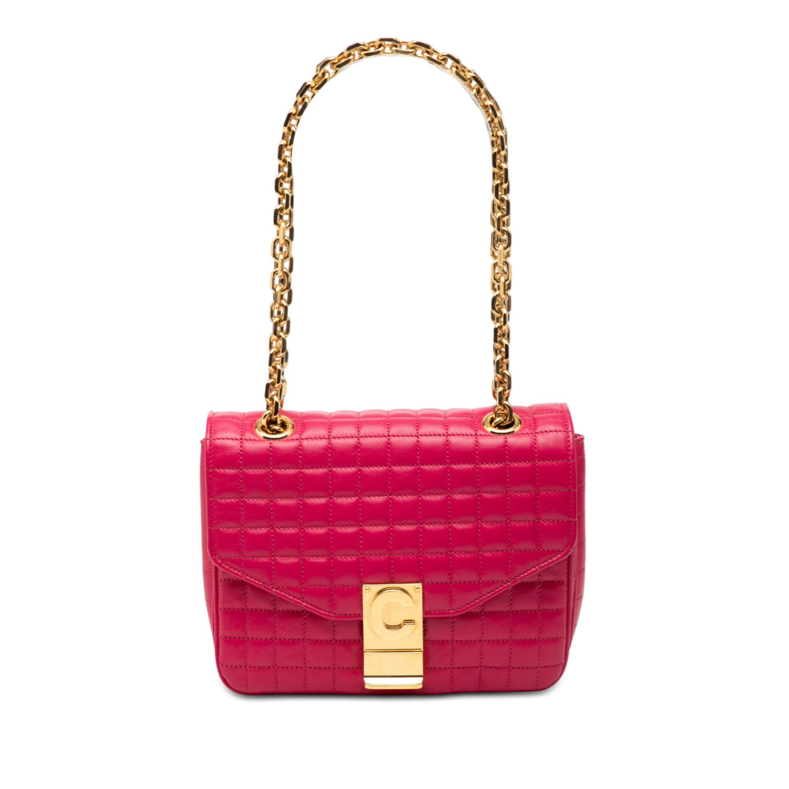 Celine Small C Bag Pink Quilted Leather Crossbody with Chain Strap: Celine Small C Bag Pink Quilted Leather Crossbody with Chain Strap This Celine Small Quilted Calfskin C Bag is crafted from quilted leather in a pink hue and features a distinctive curb chain shoulder