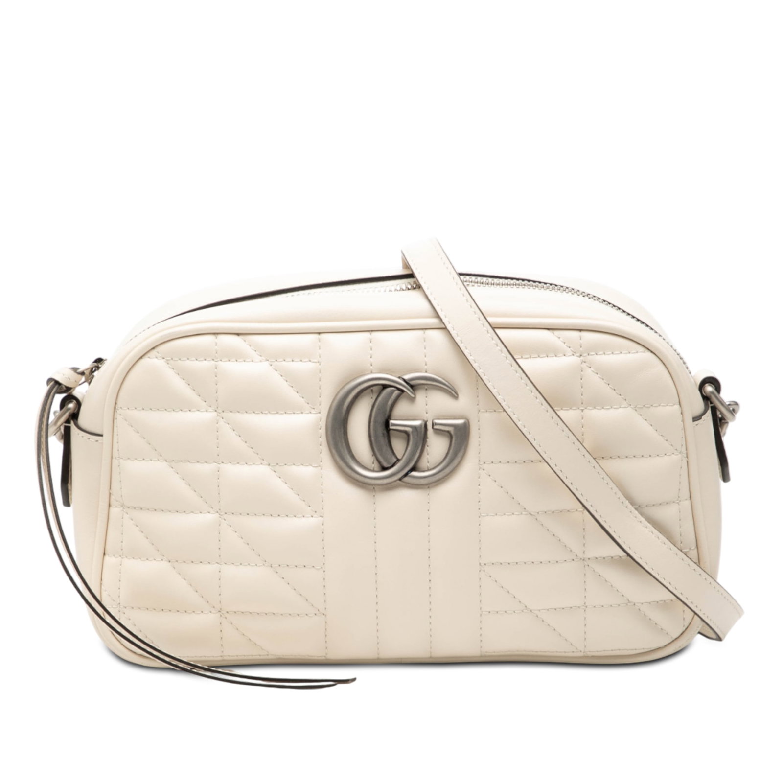 Gucci GG Marmont Aria White Quilted Leather Small Crossbody Bag: Gucci GG Marmont Aria White Quilted Leather Small Crossbody Bag This Gucci Small GG Marmont Matelasse Leather Aria Crossbody features a quilted leather body in white, a silver-tone curb chain with a l