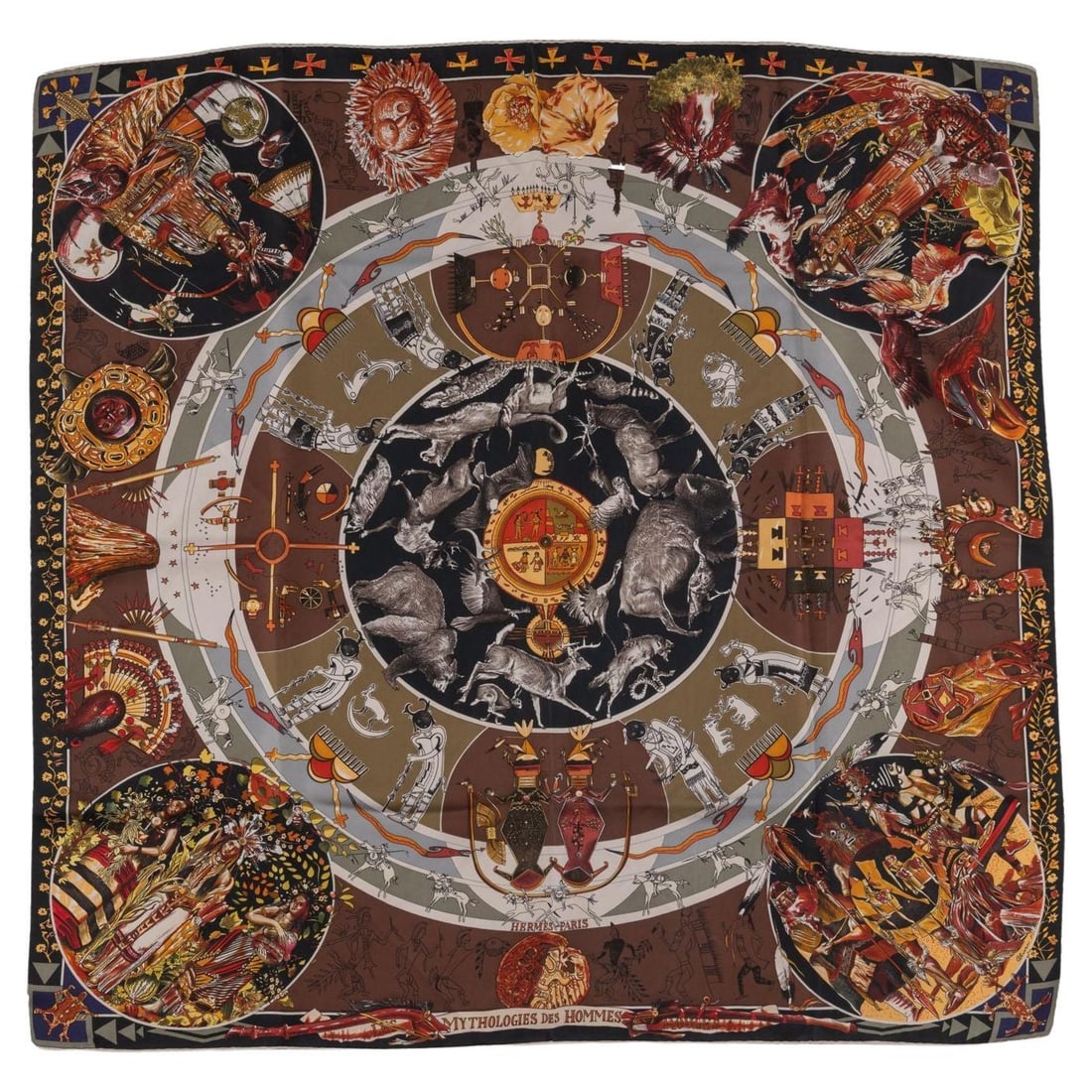 Hermes Les Mythologies des Hommes Silk Scarf by Kermit Oliver 35x35: Hermes Les Mythologies des Hommes Silk Scarf by Kermit Oliver 35x35 Experience luxury with this exquisite Hermes "Les Mythologies des Hommes" scarf, designed by Kermit Oliver. Crafted from 100% silk, 