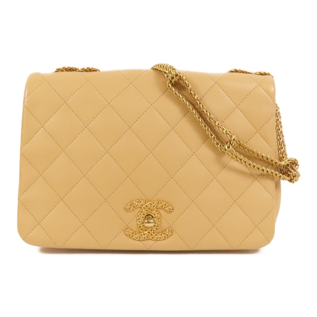 CHANEL CC Beige Lambskin Shoulder Bag with Chain GHW: CHANEL CC Beige Lambskin Shoulder Bag with Chain GHW A CHANEL shoulder bag in beige lambskin leather with a CC turn-lock closure and GHW chain shoulder strap. The bag is described as size regular and 
