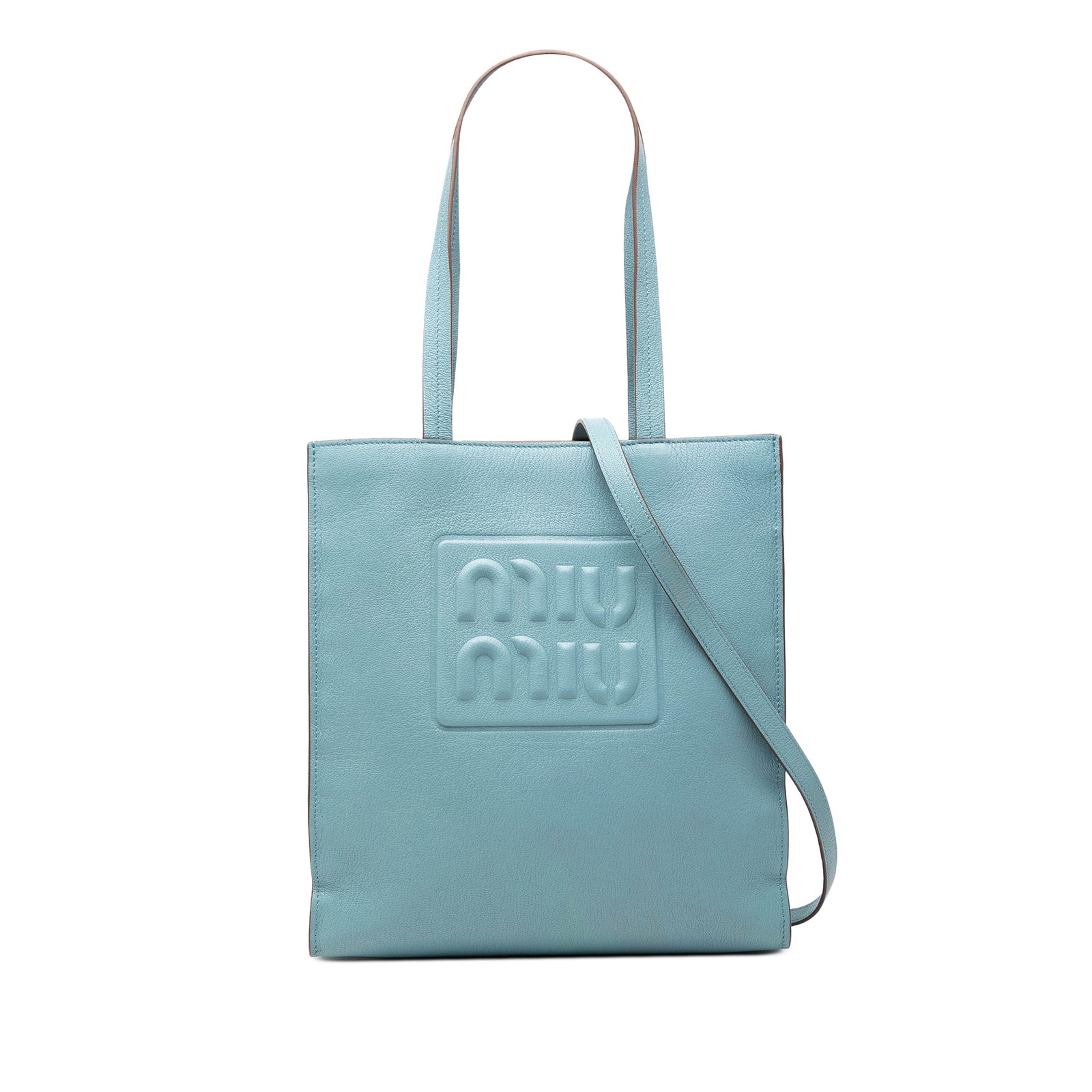 Blue Leather Satchel Miu Miu Goatskin Madras Embossed Logo: Blue Leather Satchel Miu Miu Goatskin Madras Embossed Logo Blue Miu Miu satchel with a leather body, flat leather handles, a detachable and adjustable flat leather strap, and an open top. Made in Turk