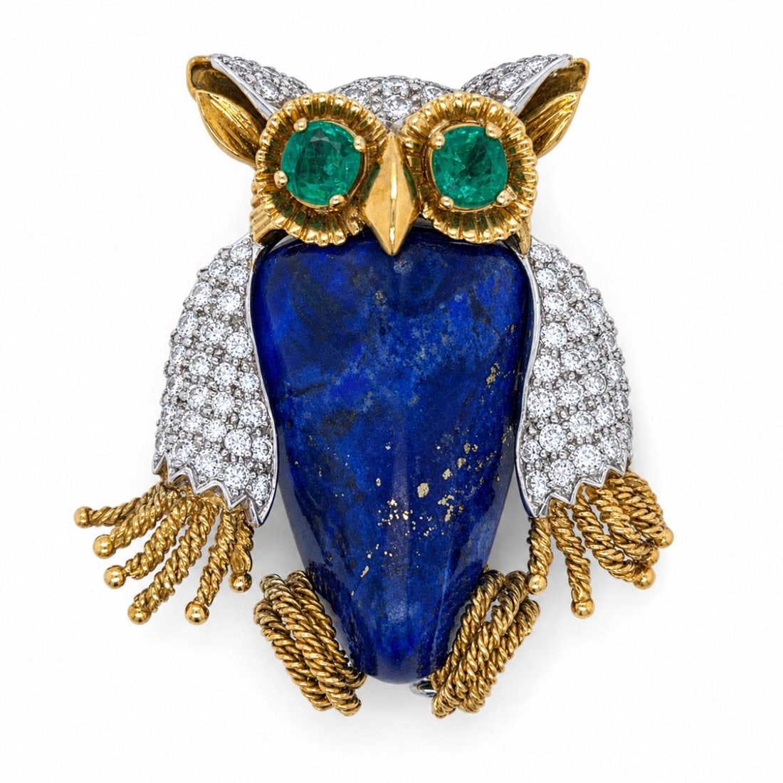Vintage 18K Gold Owl Brooch with Lapis Emerald Diamonds (1 of 5)