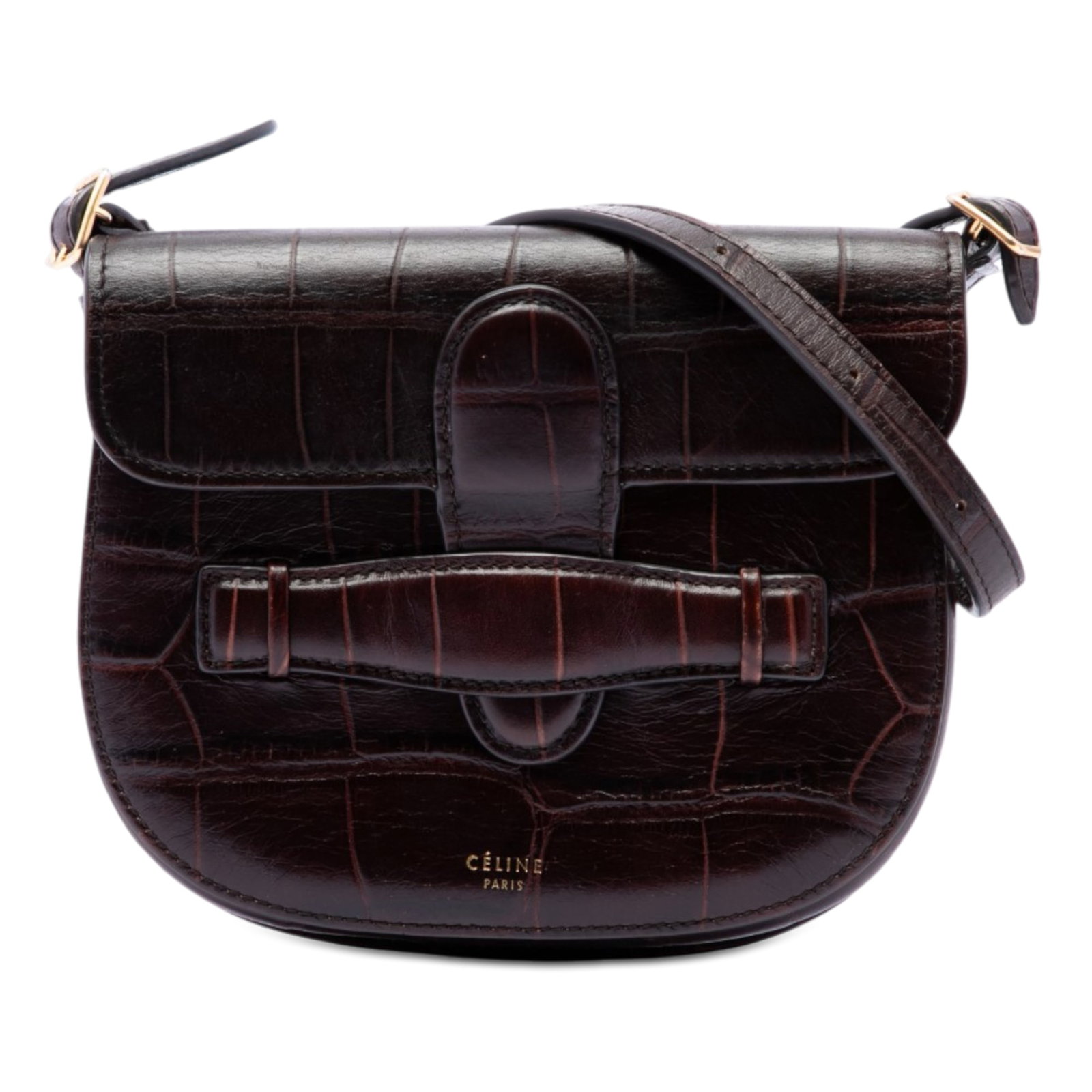 Celine Mini Symmetrical Embossed Calfskin Crossbody Bag: Celine Mini Symmetrical Embossed Calfskin Crossbody Bag This Celine Mini Embossed Calfskin Symmetrical Crossbody features an embossed calf leather body in brown, complemented by an adjustable flat lea