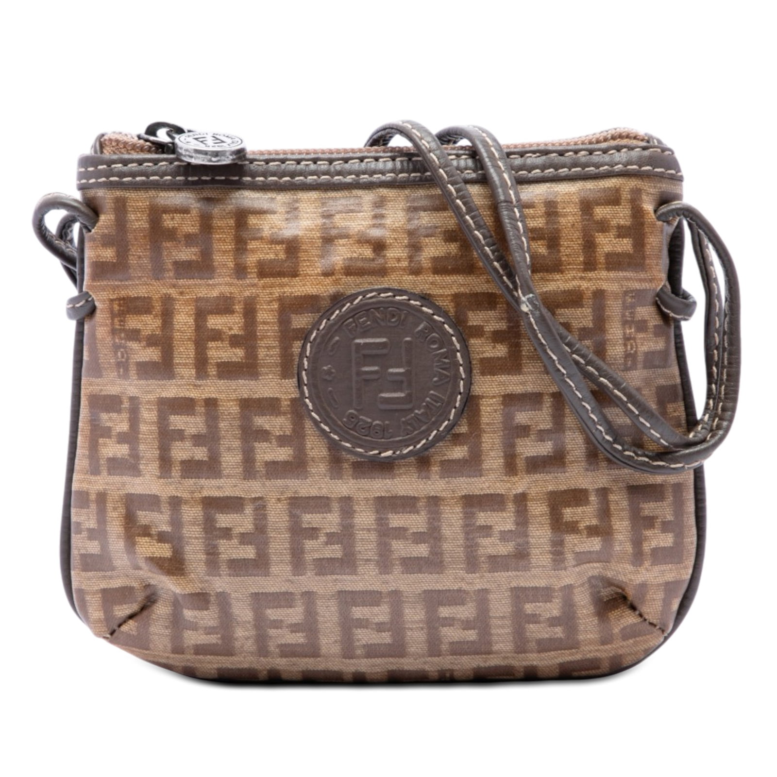 Fendi Zucchino Crystal Brown Fabric Crossbody Bag: Fendi Zucchino Crystal Brown Fabric Crossbody Bag Fendi Zucchino Crystal Crossbody bag in brown, featuring a coated canvas body with leather trim, a flat leather strap, and a top zip closure. Made in 