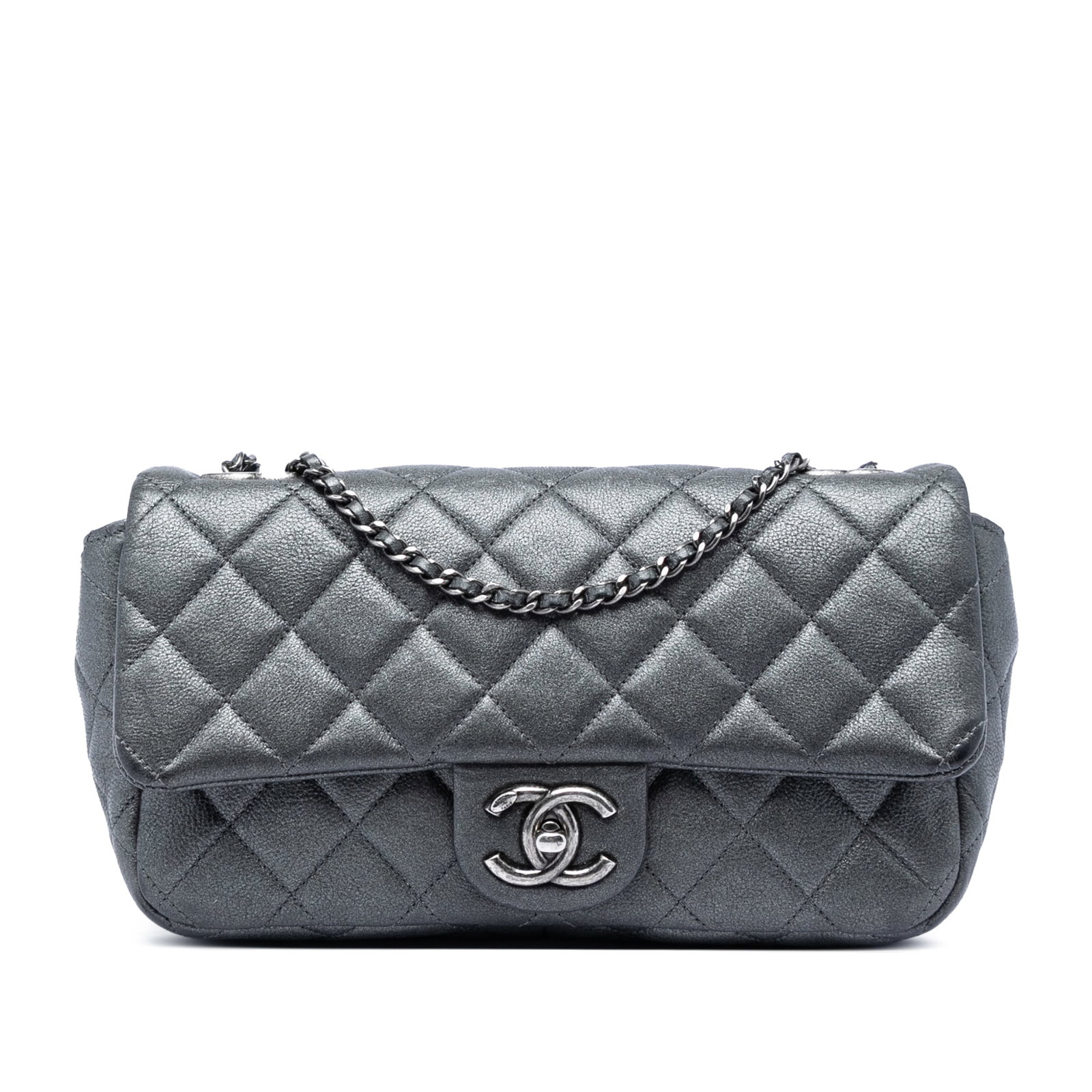 Chanel CC Eyelet Medium Flap Crossbody Iridescent Quilted Goatskin: Chanel CC Eyelet Medium Flap Crossbody Iridescent Quilted Goatskin A Chanel medium crossbody bag in iridescent quilted goatskin leather, featuring a leather-woven chain strap, flap with CC turnlock cl