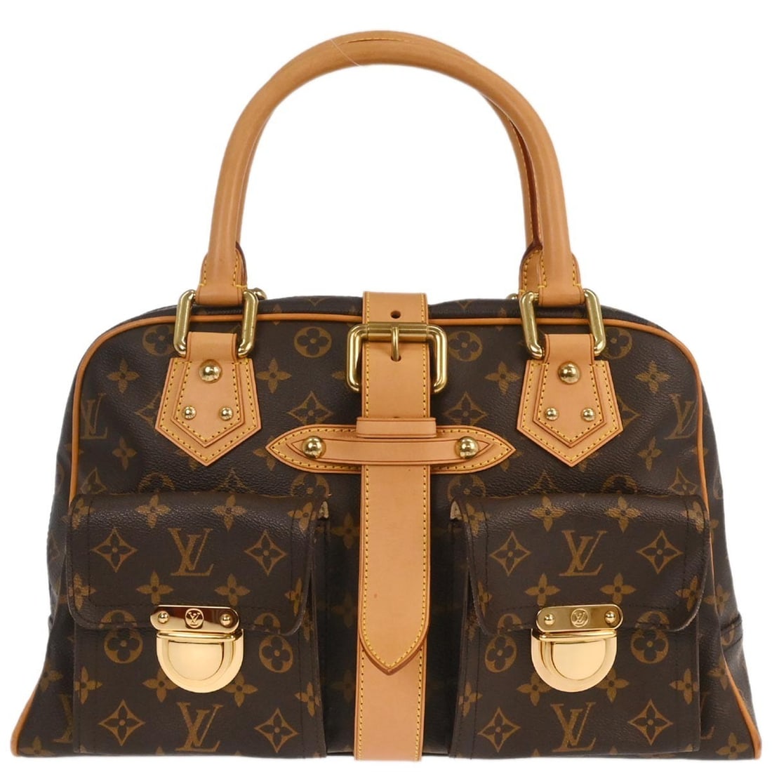 Louis Vuitton Manhattan GM Monogram Canvas Handbag M40025: Louis Vuitton Manhattan GM Monogram Canvas Handbag M40025 Vintage Louis Vuitton Manhattan GM handbag in brown Monogram canvas with leather trim and double handles. This zip-top handbag features exteri