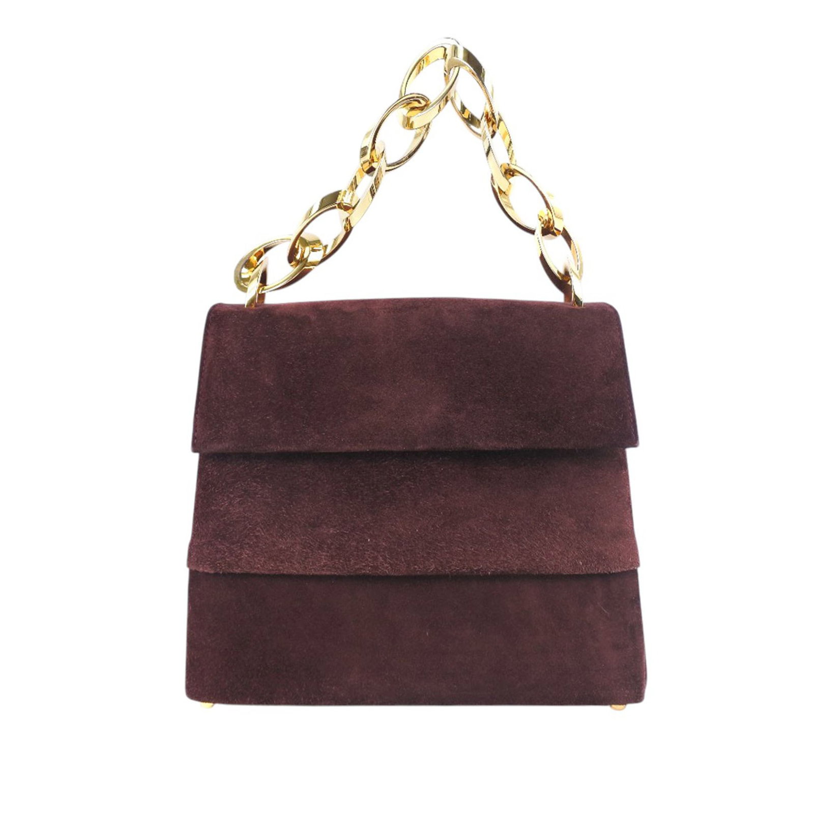 Brown Ferragamo Suede Satchel with Gold Tone Chain Handle: Brown Ferragamo Suede Satchel with Gold Tone Chain Handle This Ferragamo Suede Chain Satchel showcases a brown suede leather body accented with a gold tone chain handle. It features a detachable and a