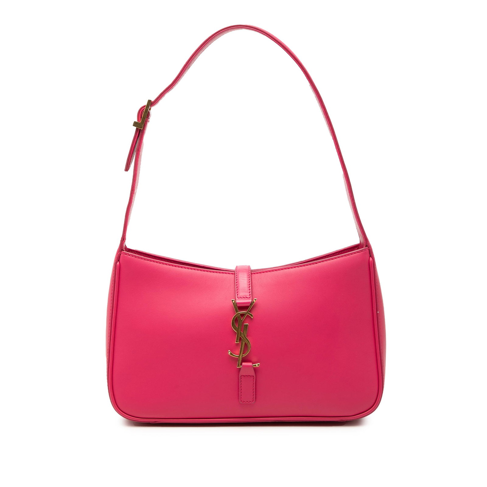 Saint Laurent Le 5 a 7 Pink Leather Shoulder Bag: Saint Laurent Le 5 a 7 Pink Leather Shoulder Bag This Saint Laurent Le 5 a 7 bag is crafted from smooth pink calfskin leather and features an adjustable flat leather shoulder strap, an open top with a