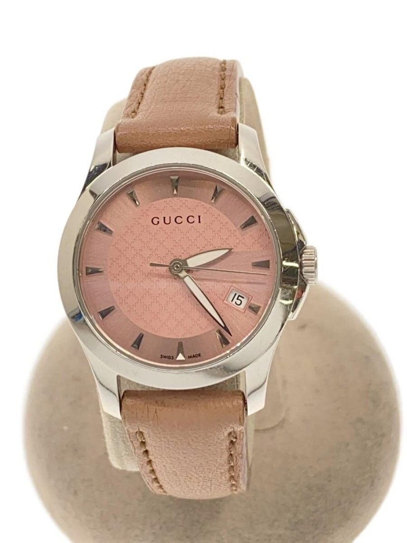 Gucci G Timeless pink dial leather quartz wristwatch (1 of 5)
