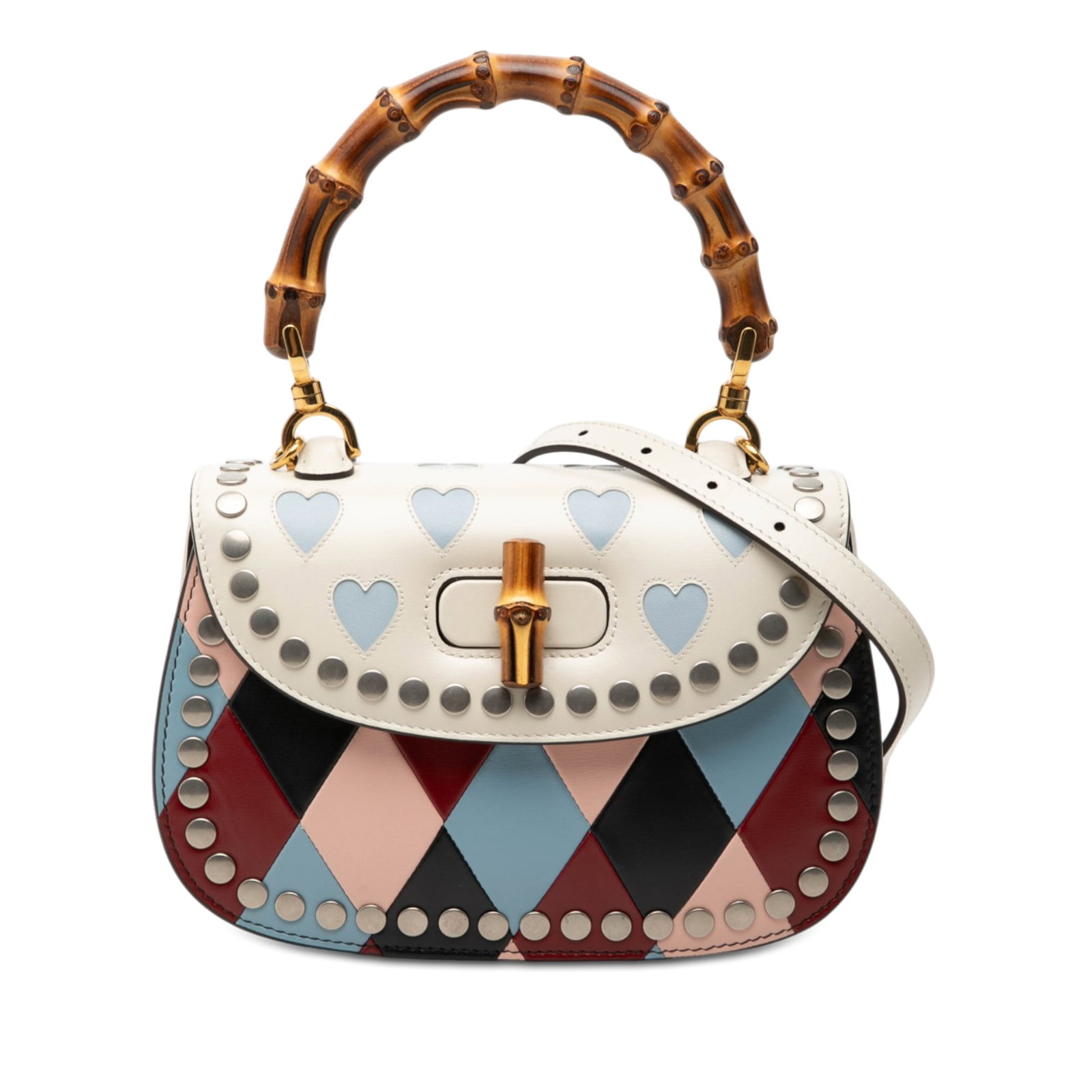 Gucci Lovelight Bamboo Top Handle Satchel in Printed Studded Calfskin: Gucci Lovelight Bamboo Top Handle Satchel in Printed Studded Calfskin Small Gucci Lovelight Bamboo top handle bag in printed and studded calfskin leather. This satchel features a bamboo top handle, a 