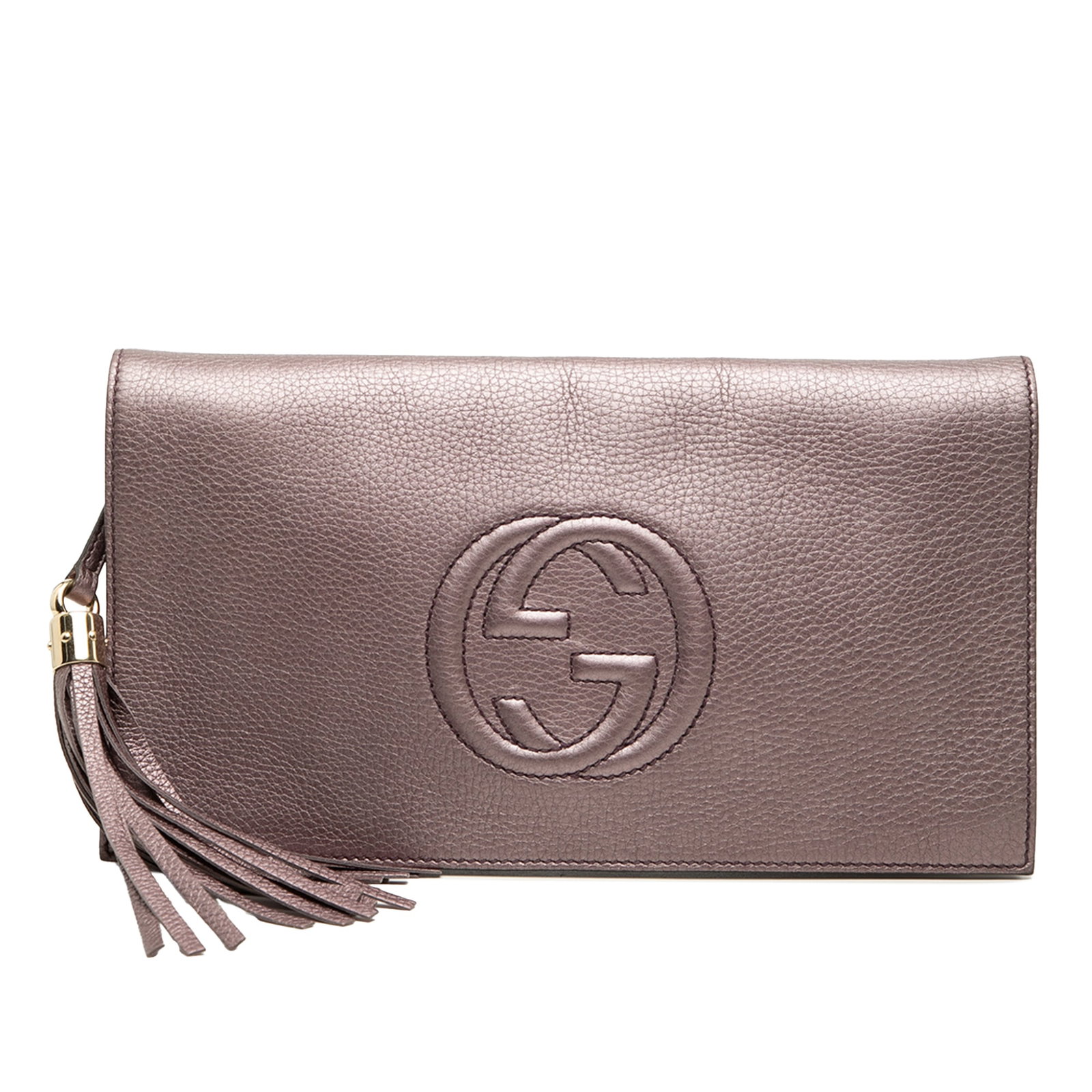 Gucci Soho Disco Metallic Calfskin Leather Clutch Pink: Gucci Soho Disco Metallic Calfskin Leather Clutch Pink Gucci Metallic Calfskin Soho Disco Clutch in pink leather, made in Italy. This clutch bag features a leather body, tassel detail, front flap with