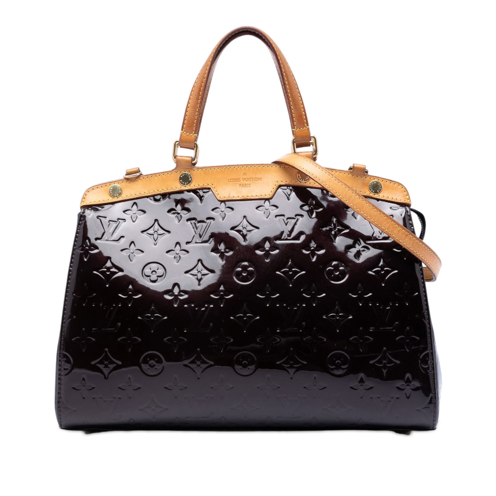 Louis Vuitton Brea PM Monogram Vernis Purple Leather Handbag: Louis Vuitton Brea PM Monogram Vernis Purple Leather Handbag Louis Vuitton Monogram Vernis Brea PM handbag crafted in vernis leather with flat vachetta leather handles and a detachable, adjustable fla