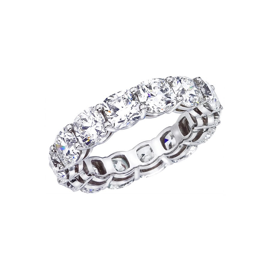 Rachel Koen 7.65ct Cushion Diamond Eternity Ring Platinum: Rachel Koen 7.65ct Cushion Diamond Eternity Ring Platinum A pre-owned eternity band featuring natural cushion cut diamonds in a platinum setting. Designed to minimize visible metal, the ring presents 