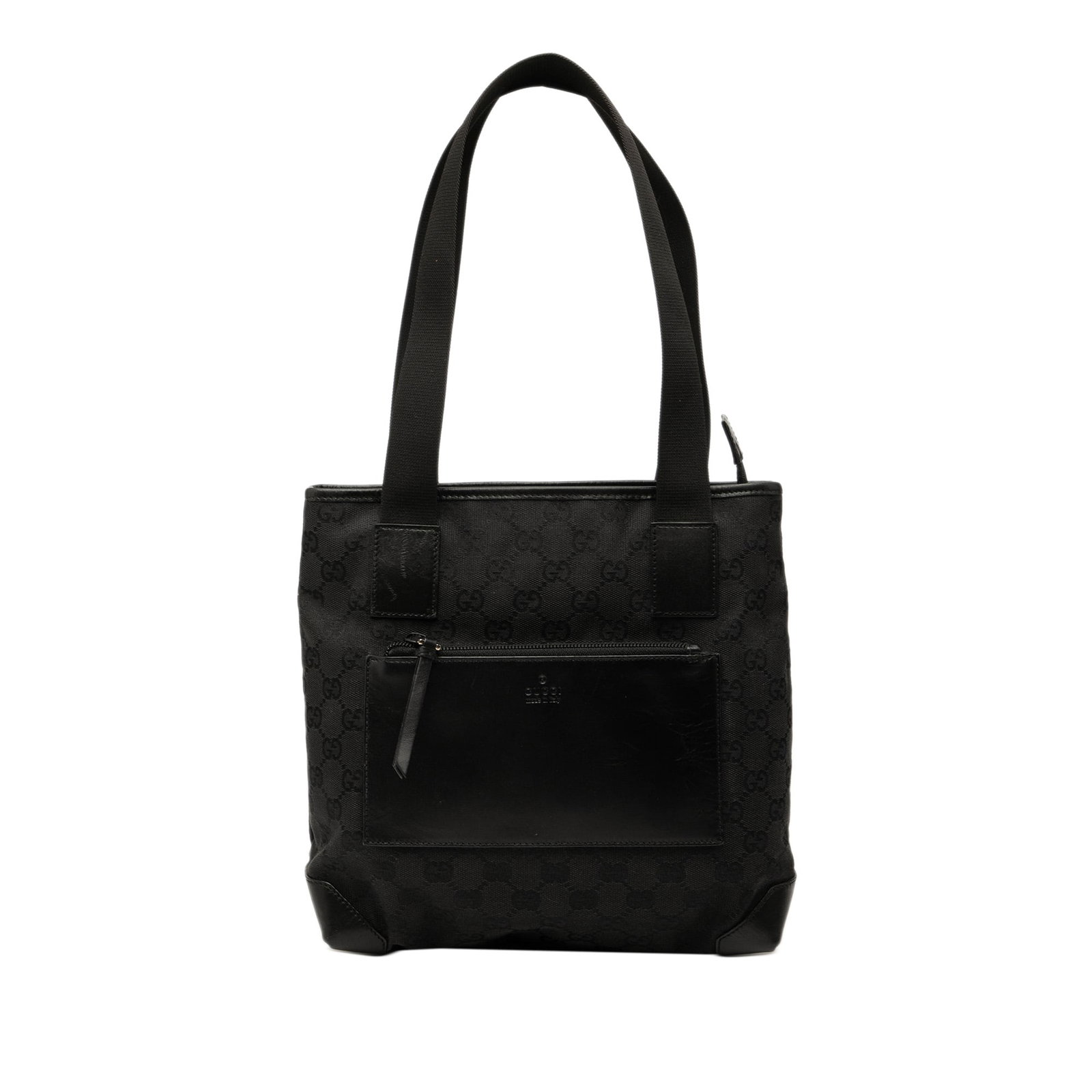 Black GG Denim Shoulder Tote Bag by Gucci with Leather Trim: Black GG Denim Shoulder Tote Bag by Gucci with Leather Trim This Gucci GG Canvas Tote is crafted from durable canvas with leather trim and features flat canvas straps, a top zip closure, an exterior f