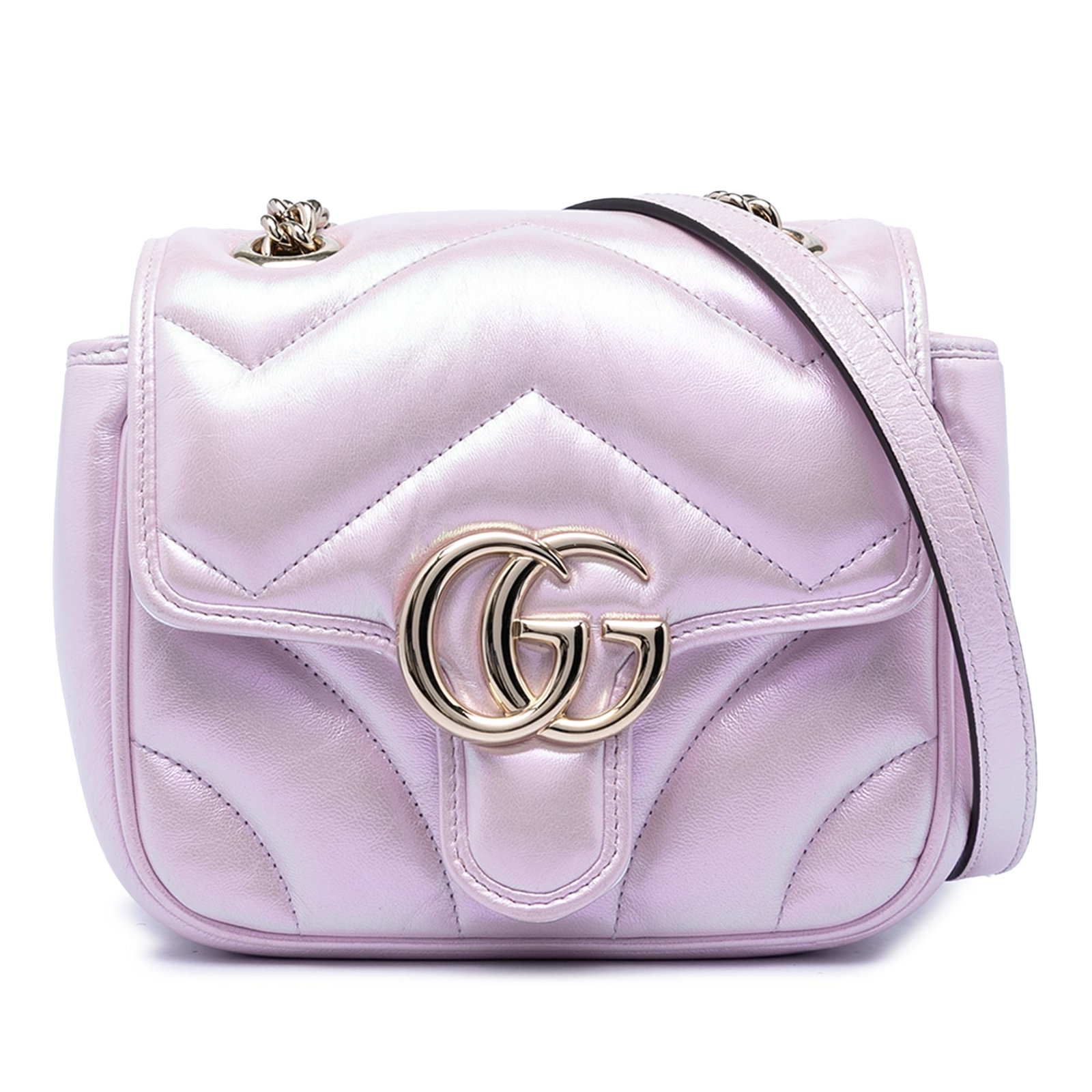Gucci GG Marmont Mini Flap Crossbody in Iridescent Purple Leather: Gucci GG Marmont Mini Flap Crossbody in Iridescent Purple Leather This Gucci Mini GG Marmont Matelasse crossbody bag features a quilted iridescent leather body, a curb chain link strap with a leather 