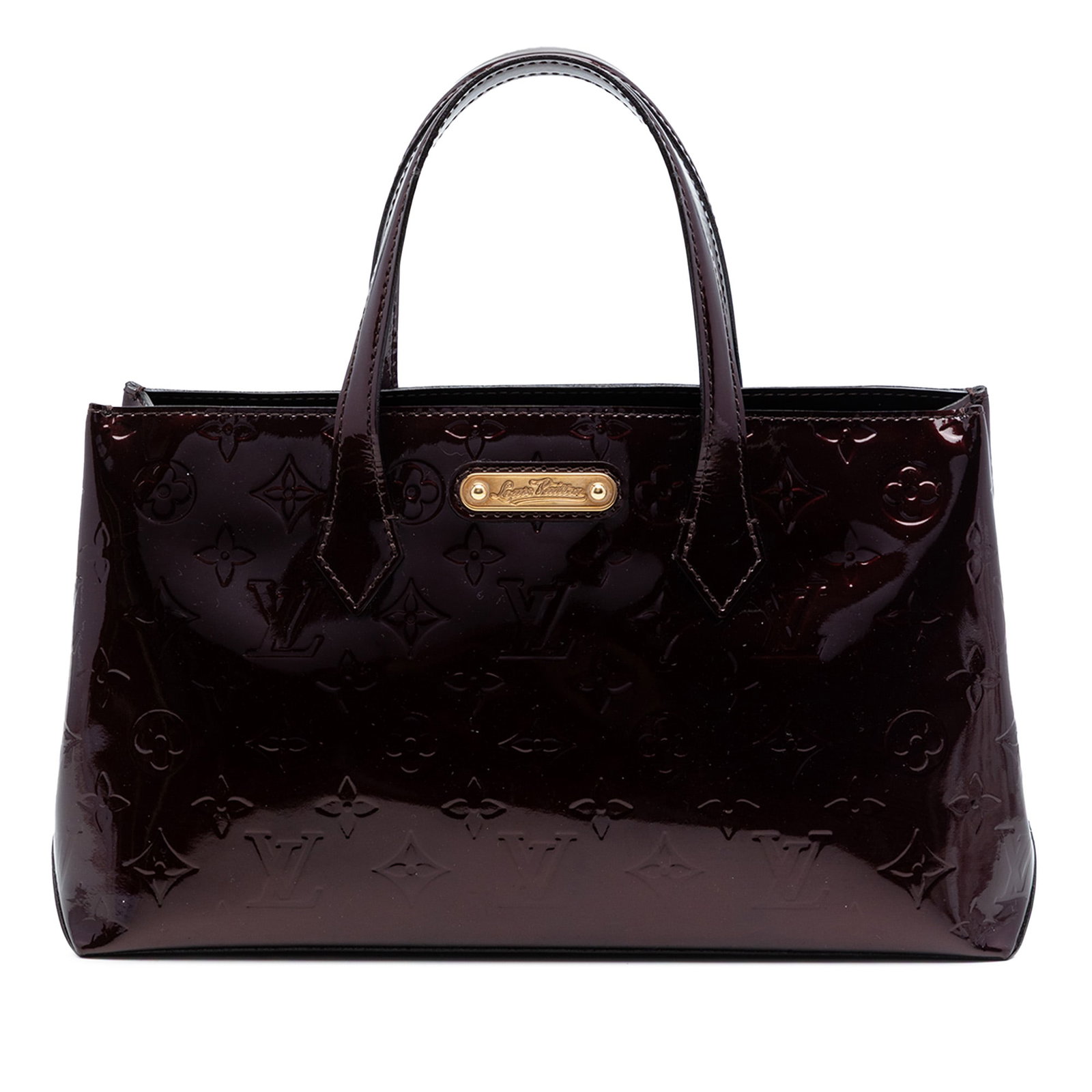 Louis Vuitton Wilshire PM Monogram Vernis Purple Leather Handbag: Louis Vuitton Wilshire PM Monogram Vernis Purple Leather Handbag Louis Vuitton Monogram Vernis Wilshire PM handbag in purple leather. This bag features flat leather handles, an open top with a lobster