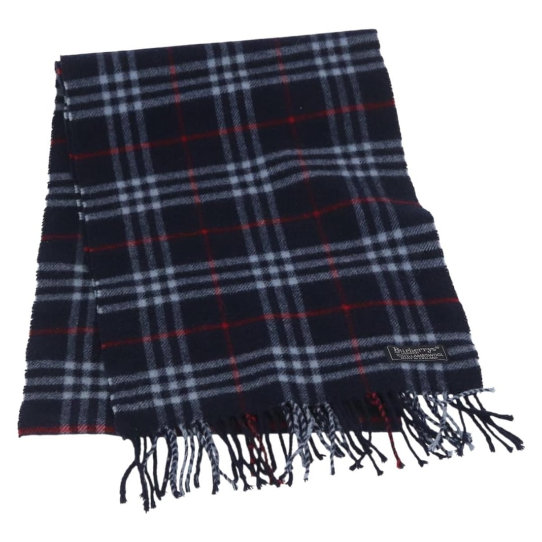 Wool scarf in navy Nova Check pattern by Burberrys England: Wool scarf in navy Nova Check pattern by Burberrys England This Burberrys Nova Check scarf is crafted from wool in a navy color. It is made in England and features the classic Nova Check pattern. The 