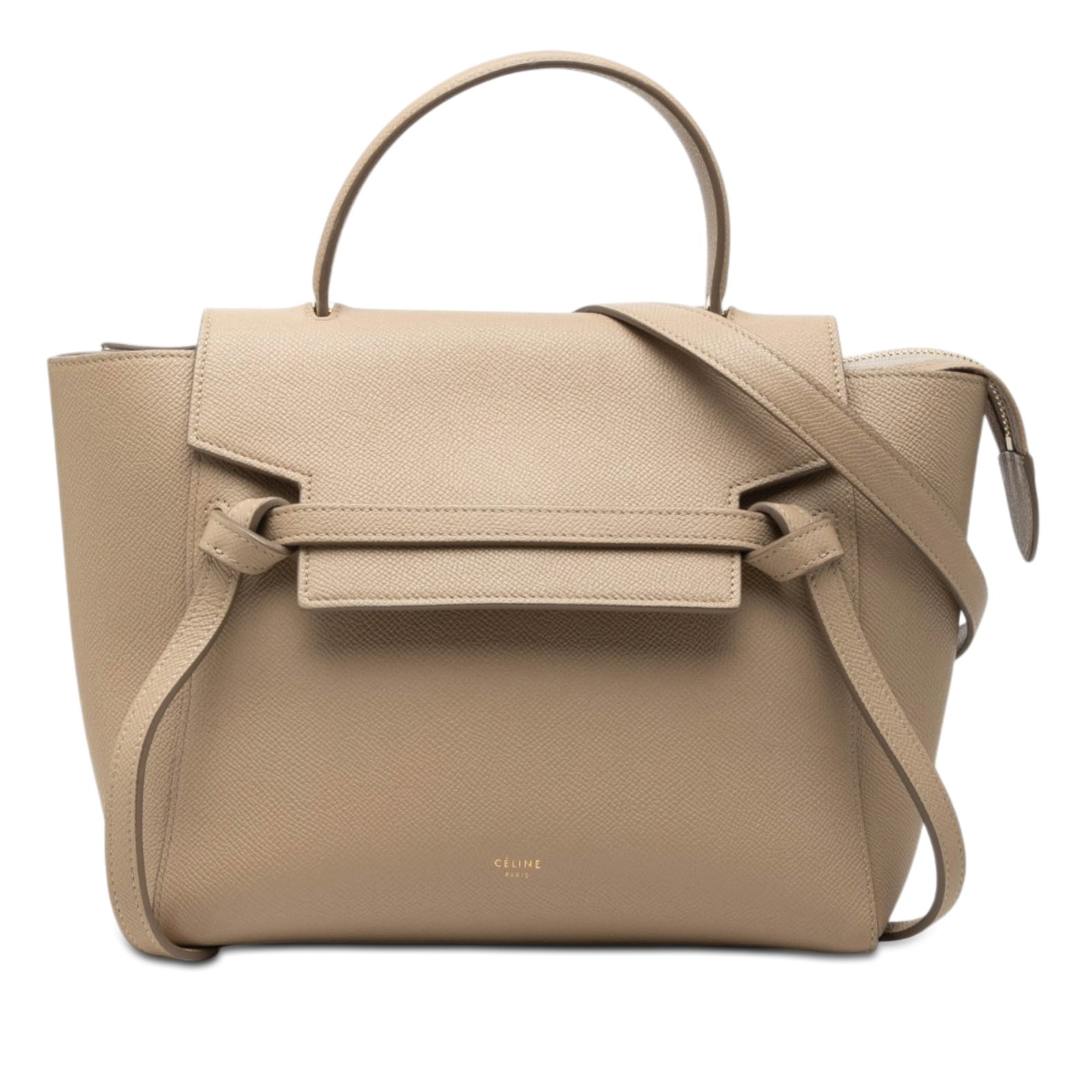 Celine Micro Belt Bag in Grained Calfskin Leather: Celine Micro Belt Bag in Grained Calfskin Leather Celine Micro Grained Calfskin Belt Bag in beige leather, made in Italy. It features a leather body, a flat leather handle, a detachable leather strap,
