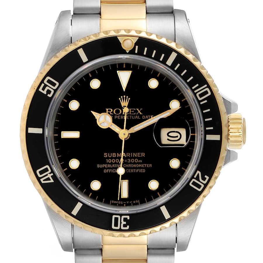 Rolex 16803 Submariner Mens Watch Black Dial Leather Strap: Rolex 16803 Submariner Mens Watch Black Dial Leather Strap Rolex Submariner wristwatch featuring a black dial, rotating aluminum bezel, and a generic leather band. This men's watch is identified by re