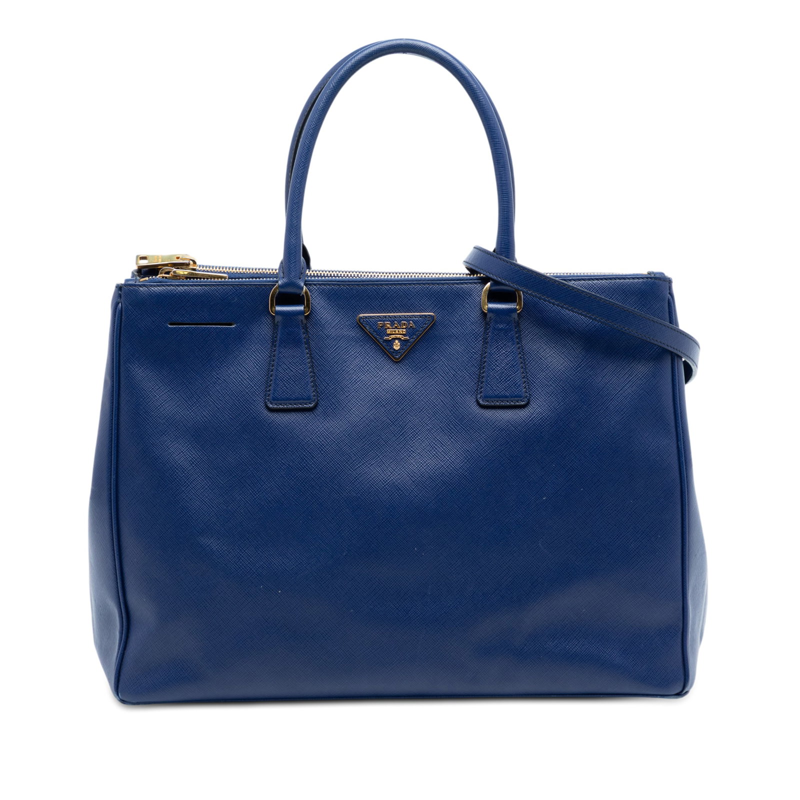 Prada Saffiano Lux Galleria Large Blue Double Zip Leather Tote Bag: Prada Saffiano Lux Galleria Large Blue Double Zip Leather Tote Bag This Prada Large Saffiano Lux Galleria Double Zip Tote features a blue saffiano leather body, rolled handles, a detachable flat leath