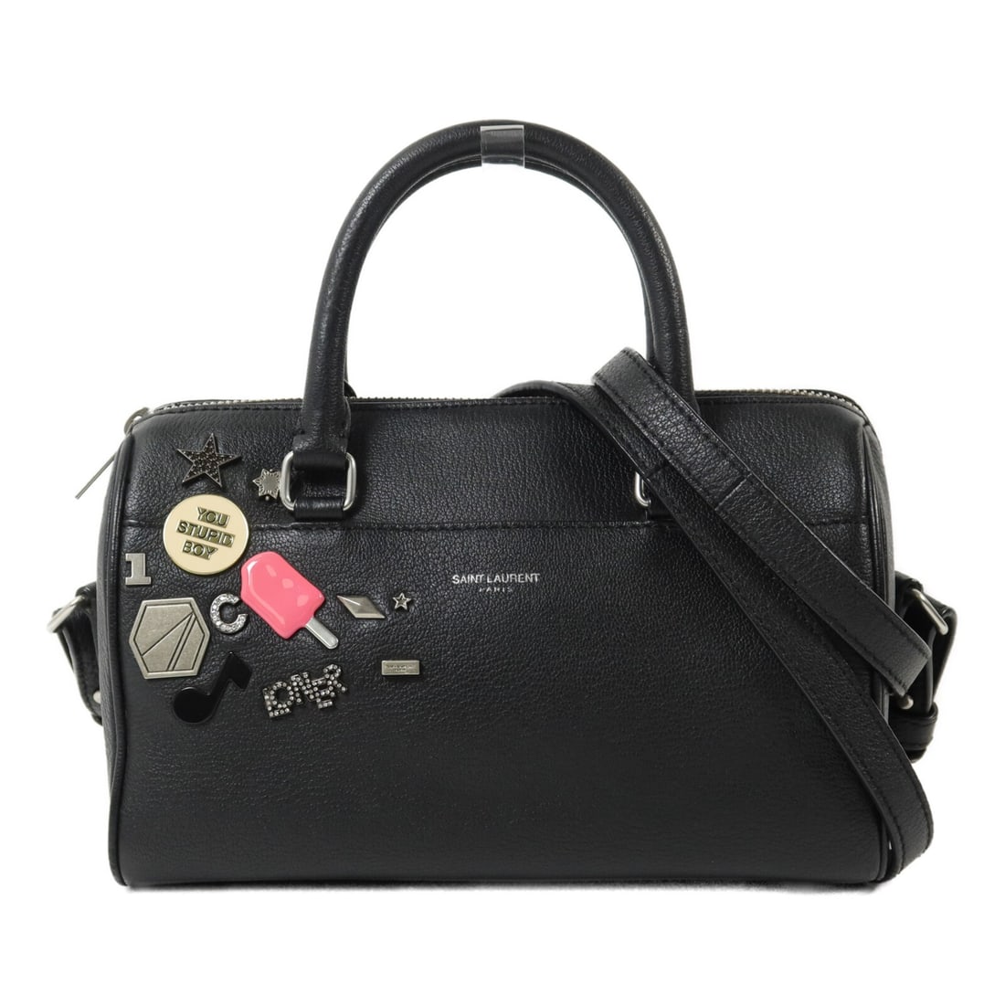 Saint Laurent Baby Duffle Black Calfskin 2way Shoulder Bag CLD399605: Saint Laurent Baby Duffle Black Calfskin 2way Shoulder Bag CLD399605 This Saint Laurent Baby Duffle 2way shoulder bag is crafted from calfskin (cowhide) leather in black. It features a two-way design 