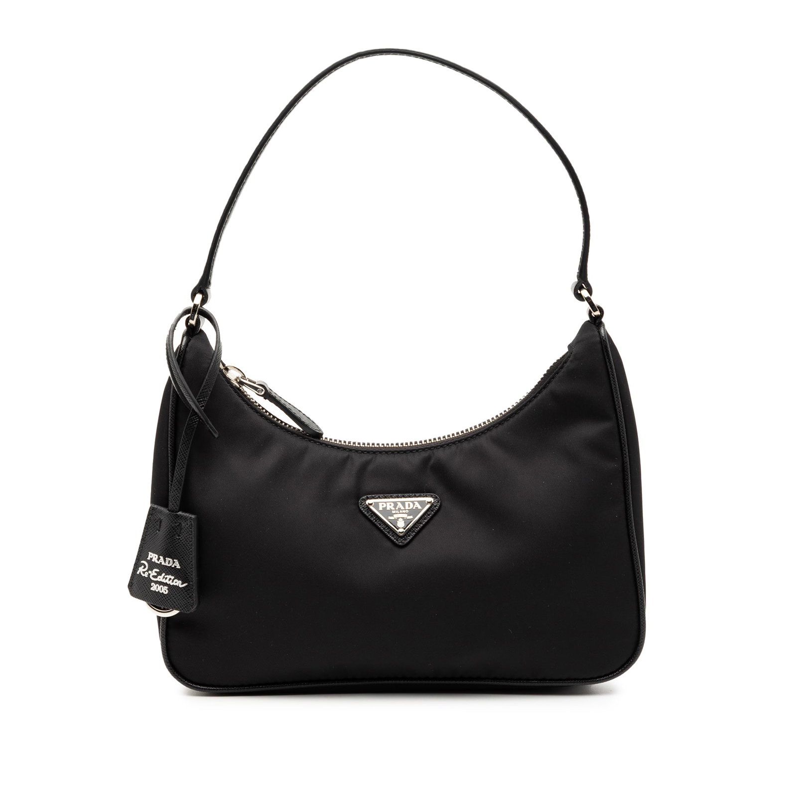 Black Prada Re Nylon 2005 Re Edition Shoulder Bag with Flat Strap: Black Prada Re Nylon 2005 Re Edition Shoulder Bag with Flat Strap This Prada Re Nylon Re Edition 2005 shoulder bag showcases a durable nylon body in black with a flat strap and a top zip closure. The 