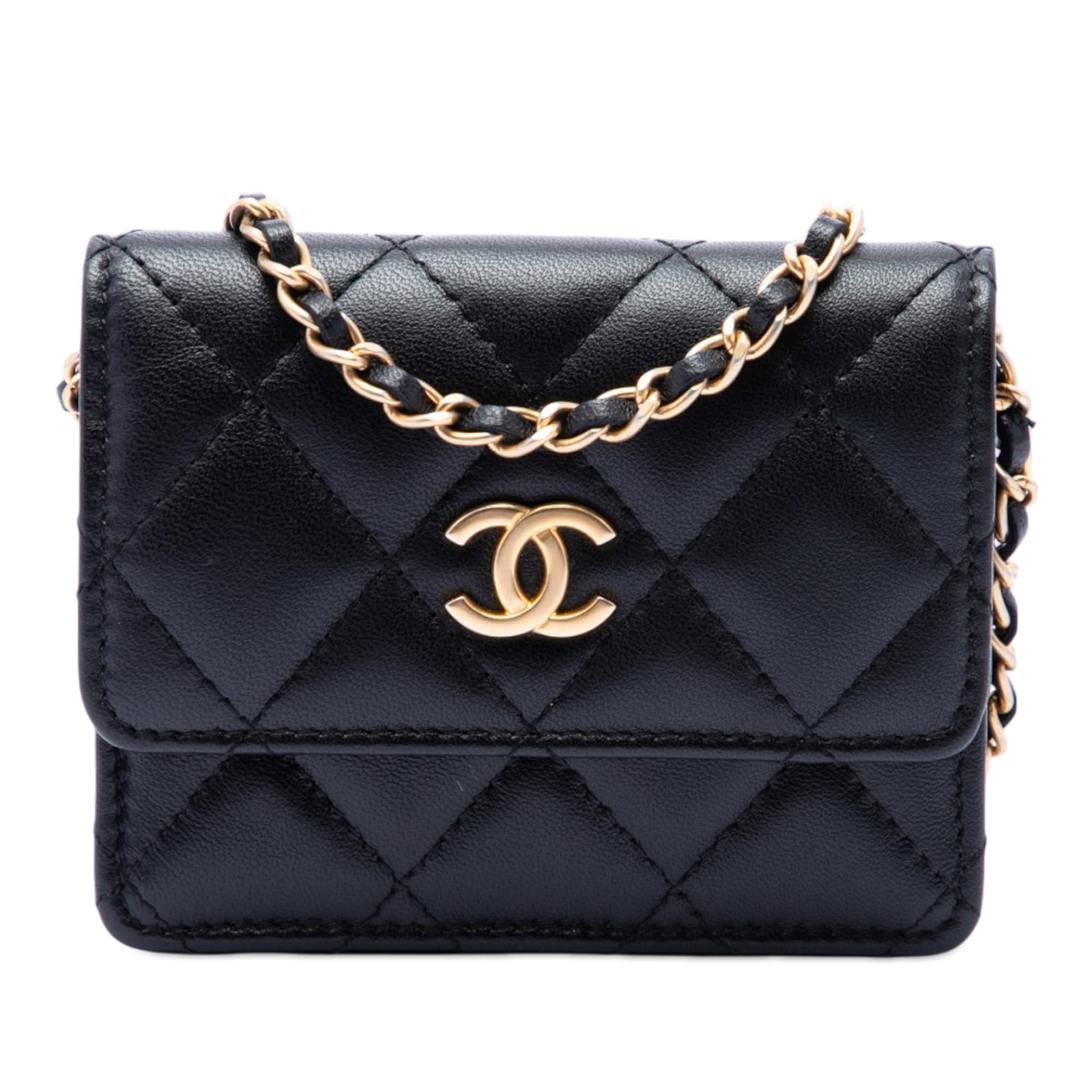 Chanel Romance Card Holder on Chain Black Quilted Lambskin Crossbody: Chanel Romance Card Holder on Chain Black Quilted Lambskin Crossbody A Chanel Quilted Lambskin Romance Card Holder On Chain crossbody bag in black, made in Italy. It features a quilted lambskin leathe