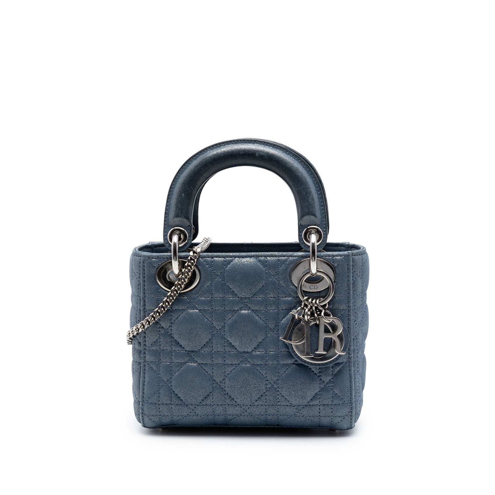 Dior Lady Dior Mini Blue Iridescent Cannage Lambskin Bag: Dior Lady Dior Mini Blue Iridescent Cannage Lambskin Bag This Mini Lady Dior bag features an iridescent quilted lambskin leather body in blue, flat leather top handles, a detachable chain link strap w