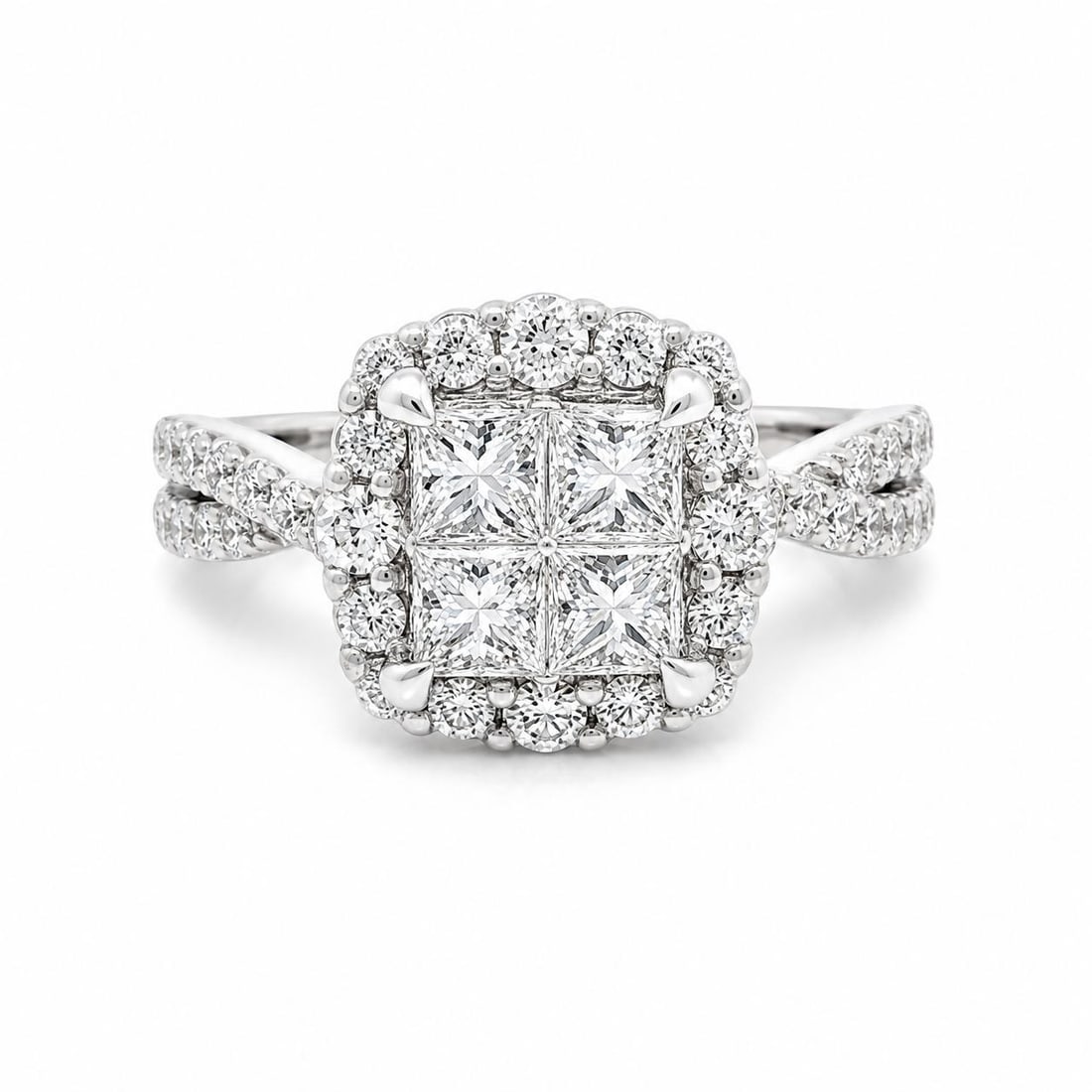 Unbranded 14k White Gold Diamond Halo Cluster Ring Size 6: Unbranded 14k White Gold Diamond Halo Cluster Ring Size 6 Pre-owned women's engagement ring featuring a square invisible-set diamond center with a cushion halo cluster design. Crafted in solid 14k whi