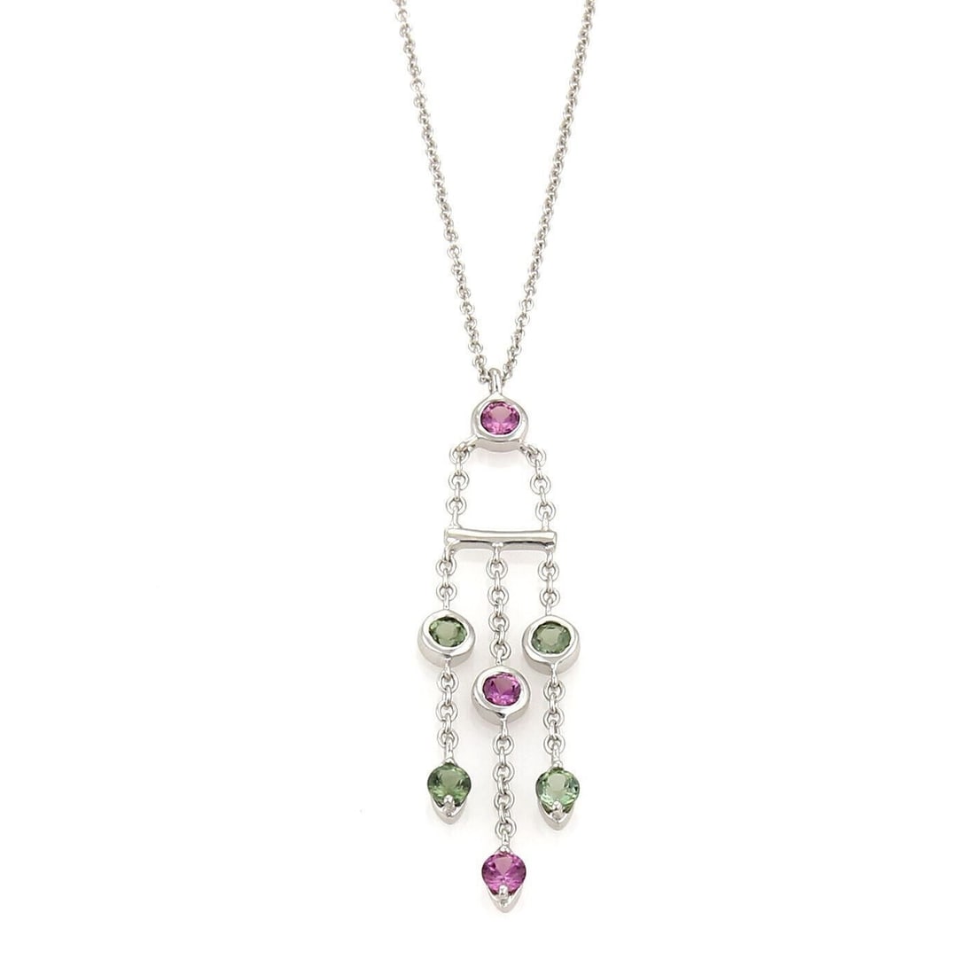 Tiffany & Co. Pink Sapphire Green Tourmaline 18k White Gold Triple Strand Necklace: Tiffany & Co. Pink Sapphire Green Tourmaline 18k White Gold Triple Strand Necklace Pre-owned Tiffany & Co. pendant necklace crafted in 18k white gold, featuring an articulated pendant with natural pin