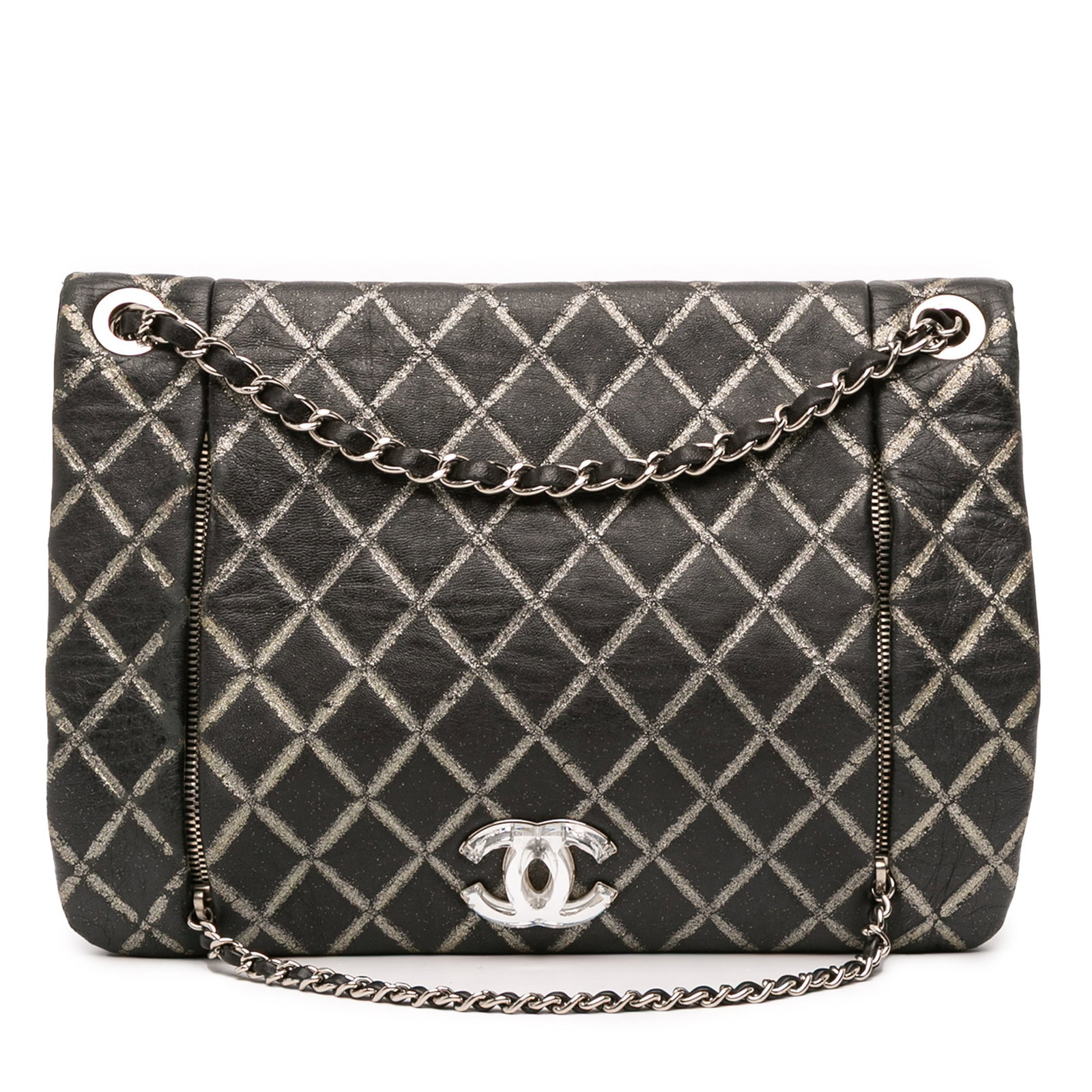 Chanel Quilted Metallic Black Lambskin CC Crystal Flap Bag: Chanel Quilted Metallic Black Lambskin CC Crystal Flap Bag Elevate your style with this Chanel Quilted Metallic Distressed Lambskin CC Crystal Flap crossbody bag. Crafted from luxurious quilted lambsk