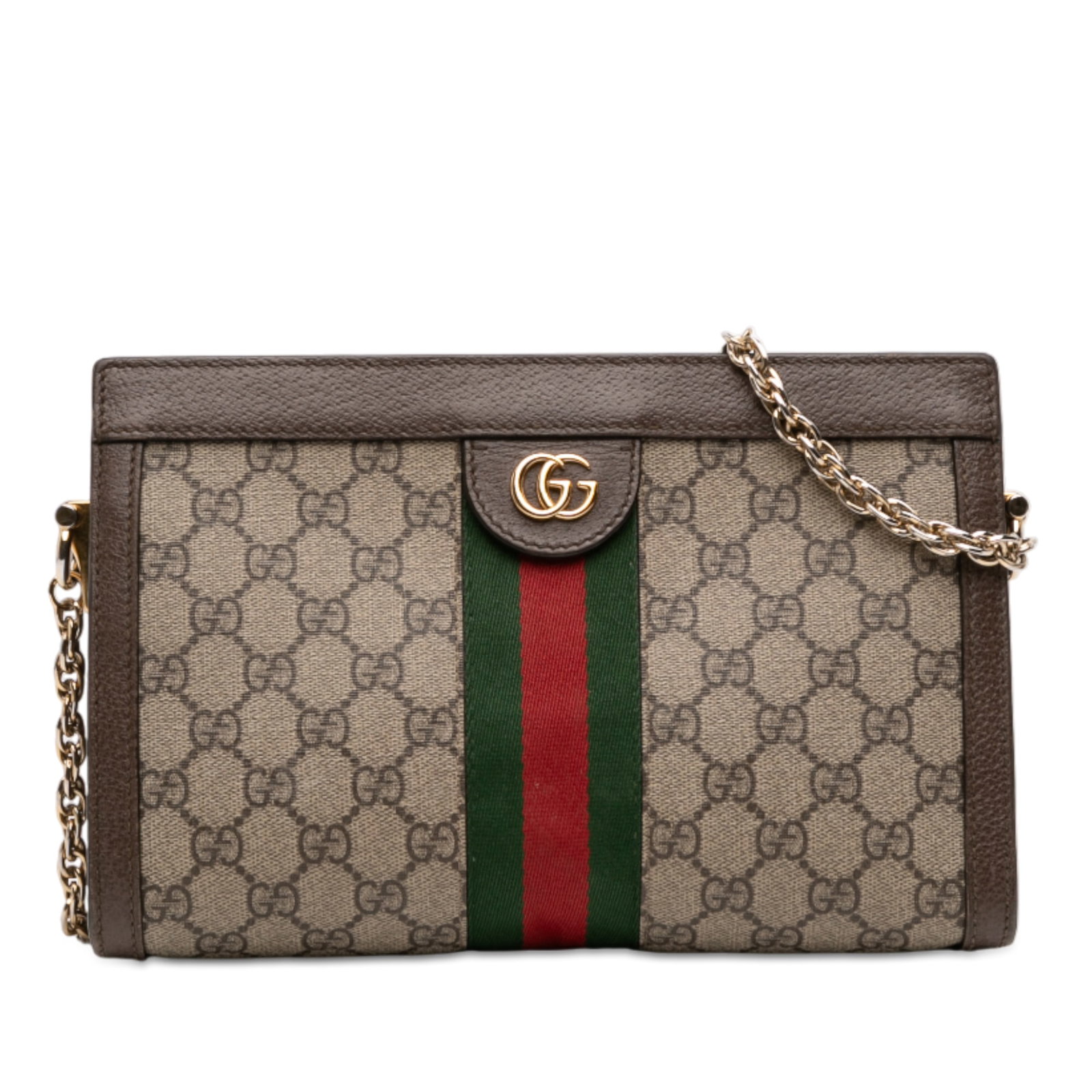 Gucci Ophidia Beige Small GG Supreme Canvas Crossbody Bag with Chain Strap: Gucci Ophidia Beige Small GG Supreme Canvas Crossbody Bag with Chain Strap This Gucci Small GG Supreme Web Ophidia Chain Crossbody bag features a coated canvas body with leather trim, a chain link sho
