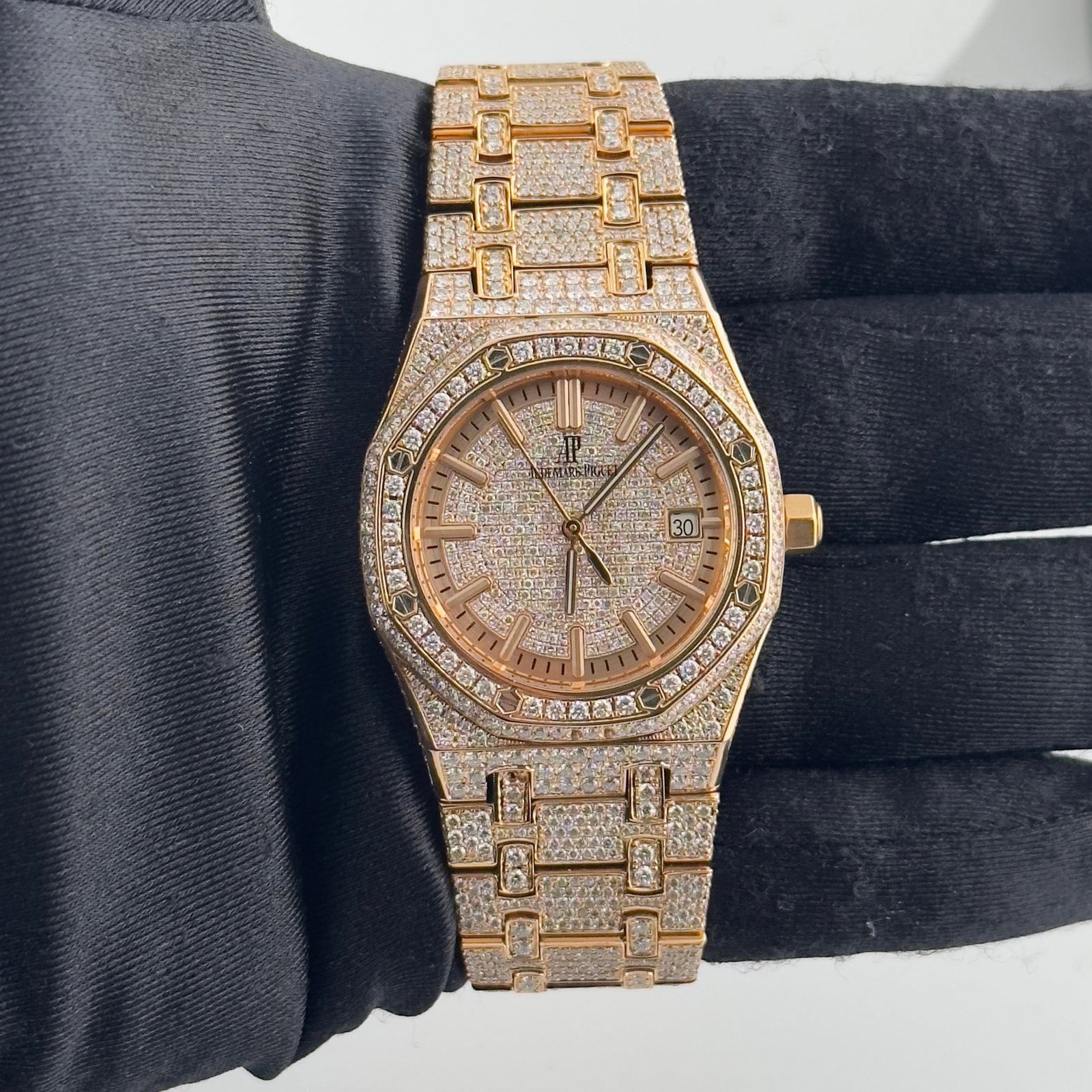 Mens Royal Oak 15300OR Aftermarket Diamond Dial and Iced Bracelet Watch: Mens Royal Oak 15300OR Aftermarket Diamond Dial and Iced Bracelet Watch This Audemars Piguet Royal Oak watch features a custom diamond dial, diamond bezel, and an aftermarket fully iced out bracelet. 