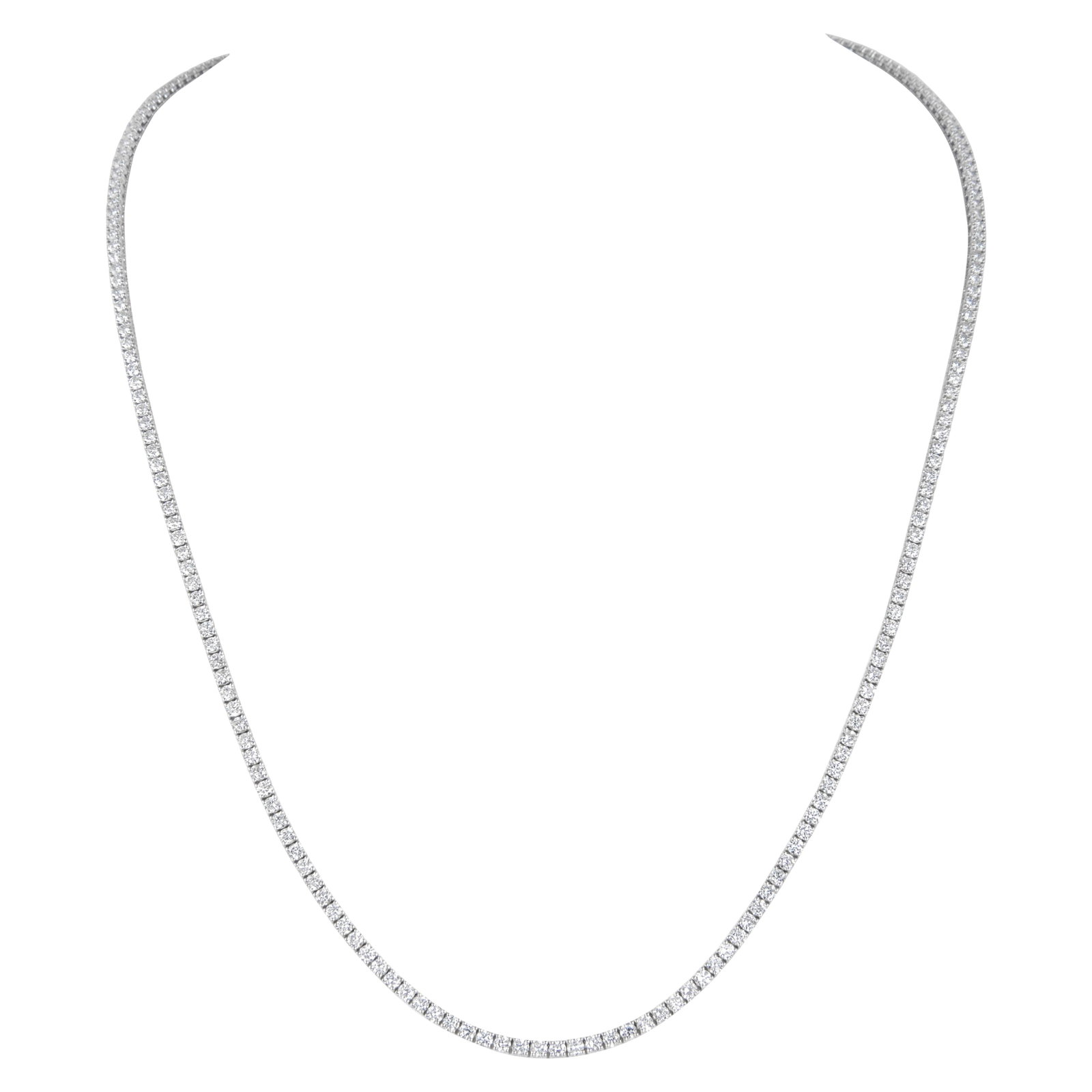 13.86ct Round Diamond Tennis Necklace 14k White Gold 24in: 13.86ct Round Diamond Tennis Necklace 14k White Gold 24in This exquisite 13.86ct Round Diamond Tennis Necklace is crafted in 14k white gold and features a contemporary design. It showcases 219 round b