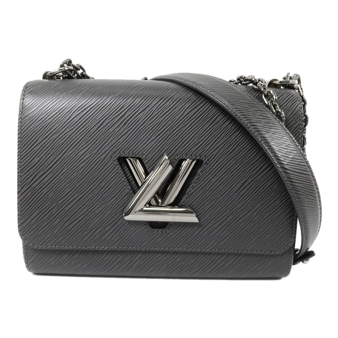 Louis Vuitton M56530 Twist MM Epi Calfskin Chain Shoulder Bag Gray: Louis Vuitton M56530 Twist MM Epi Calfskin Chain Shoulder Bag Gray Louis Vuitton LV Twist MM 2 Way Chain Shoulder Bag, model M56530, in gray Epi and calfskin (cowhide). It features a turn lock closure