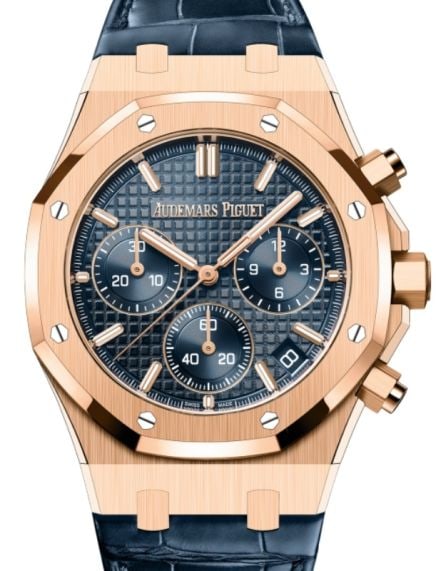 Audemars Piguet Royal Oak Chronograph Blue Leather 26240OR.OO.D315CR.02 2022 Card: Audemars Piguet Royal Oak Chronograph Blue Leather 26240OR.OO.D315CR.02 2022 Card This Audemars Piguet Royal Oak Chronograph features a striking blue dial and a fixed bezel. The watch is fitted with a