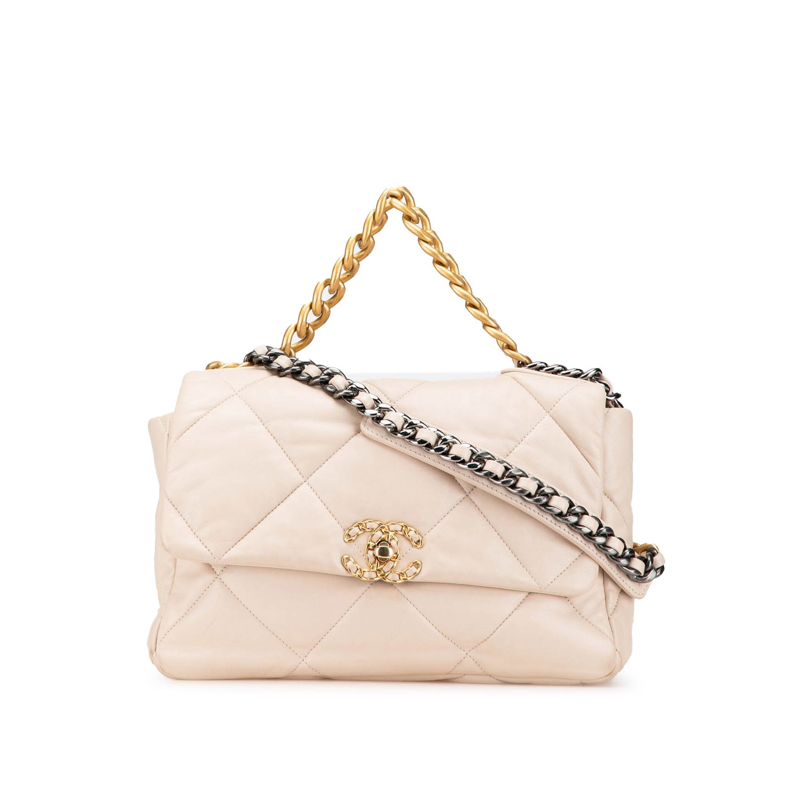 Chanel Large 19 Flap Brown Lambskin Bag with Gold Chain: Chanel Large 19 Flap Brown Lambskin Bag with Gold Chain Introducing the Chanel Large Lambskin 19 Flap bag, a luxurious accessory crafted from high-quality quilted lambskin leather. This stylish bag fe