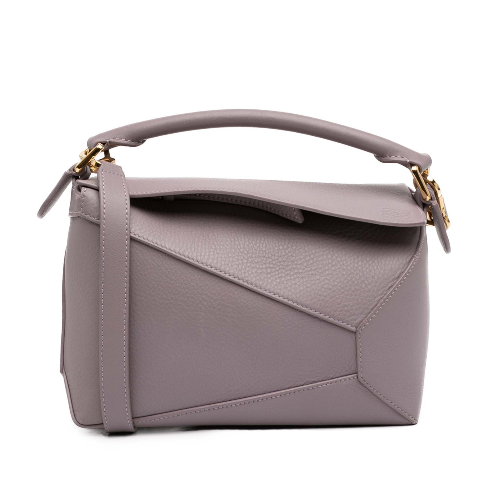 LOEWE Puzzle Edge Small Leather Satchel Purple: LOEWE Puzzle Edge Small Leather Satchel Purple LOEWE Small Calfskin Puzzle Edge Satchel in purple leather, made in Spain. This bag features a flat rolled top handle, an adjustable flat leather strap, 