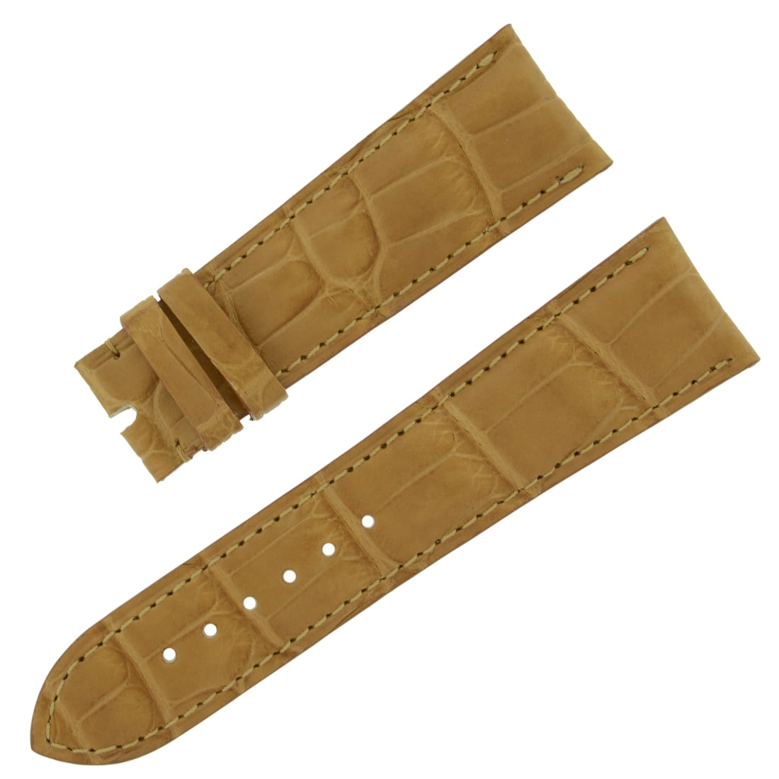 Matt Honey Alligator Leather Watch Strap 22-18mm by Chopard: Matt Honey Alligator Leather Watch Strap 22-18mm by Chopard This Chopard wristwatch band is crafted from genuine alligator leather in a matte honey finish. Designed for a unisex fit, it features a ban