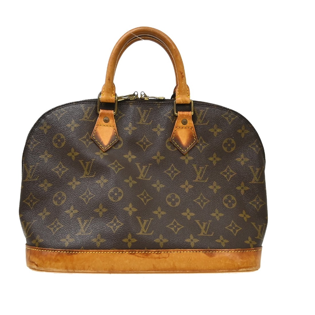 Louis Vuitton Alma Monogram Canvas Handbag M51130 Brown: Louis Vuitton Alma Monogram Canvas Handbag M51130 Brown Vintage Louis Vuitton Alma handbag in brown Monogram canvas with leather trim and double handles. This women's medium handbag features a zip clo
