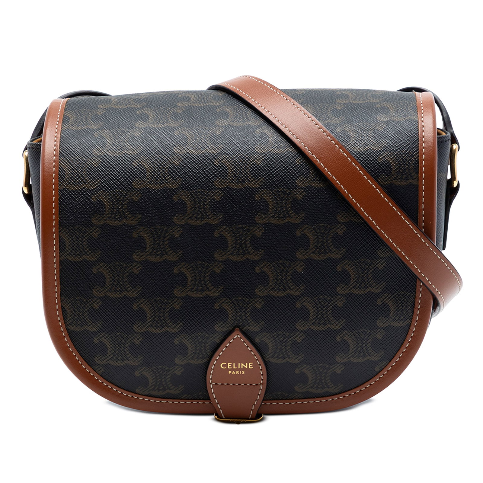 Celine Folco Medium Triomphe Crossbody Bag in Coated Canvas: Celine Folco Medium Triomphe Crossbody Bag in Coated Canvas Celine Medium Triomphe Folco crossbody bag in coated canvas with leather trim. This crossbody style features an adjustable flat leather stra