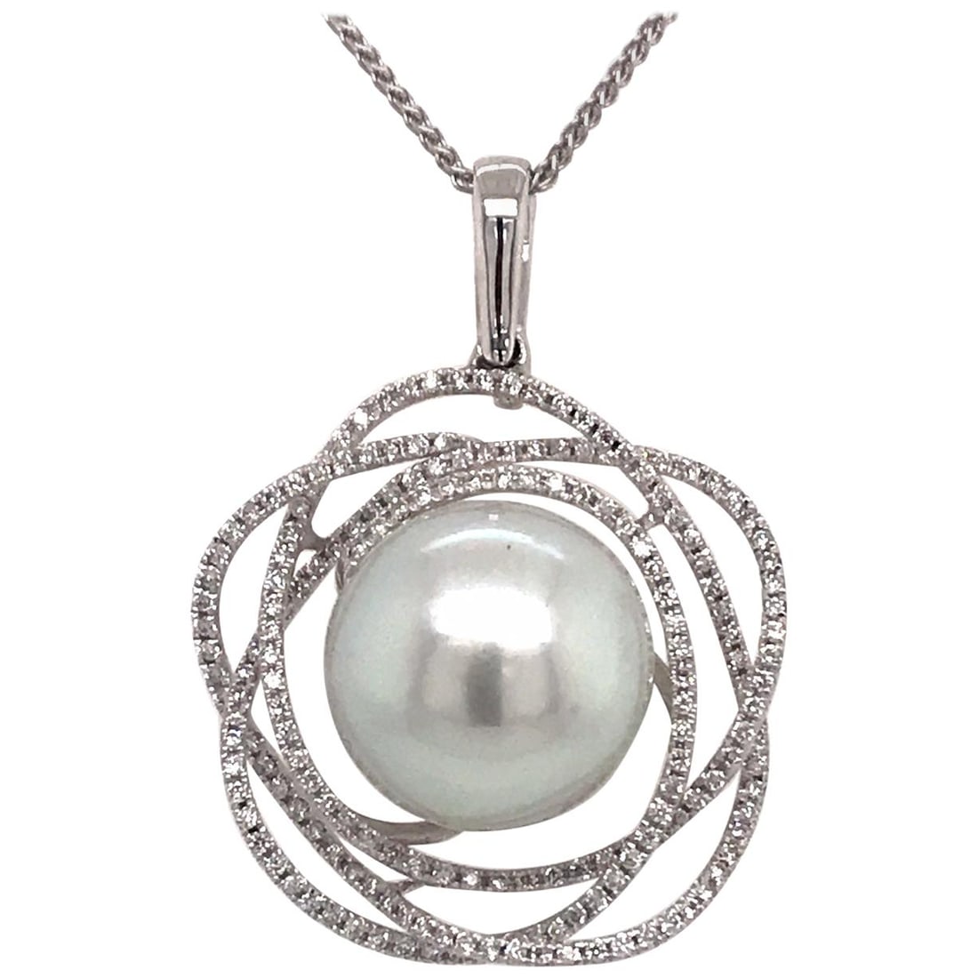 Harbor Diamonds 18K White Gold South Sea Pearl Diamond Floral Pendant: Harbor Diamonds 18K White Gold South Sea Pearl Diamond Floral Pendant This exquisite pendant showcases a stunning 13-14 mm South Sea Pearl, elegantly complemented by 186 round brilliant diamonds total