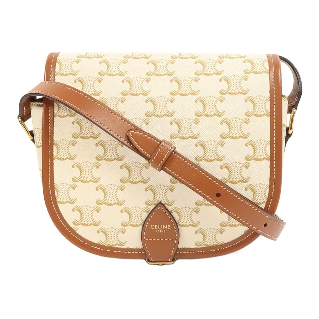 CELINE Folco Medium Shoulder Bag PVC Coated Canvas Cream Brown: CELINE Folco Medium Shoulder Bag PVC Coated Canvas Cream Brown A CELINE medium shoulder bag in coated canvas with a cream, brown, and white colorway. It features a regular size profile, shoulder strap
