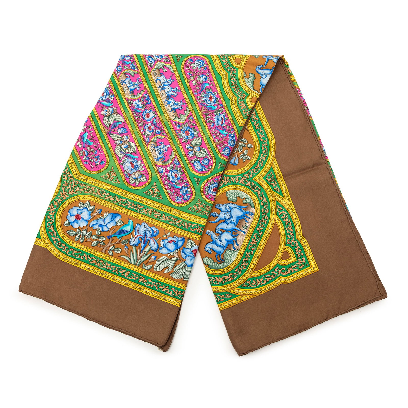 Hermes Qalamdan 100% Silk Brown Scarf: Hermes Qalamdan 100% Silk Brown Scarf The Hermes Qalamdan Silk Scarf showcases an elegant print on luxurious 100% silk in a rich brown color. Crafted in France, this accessory is designed for style an
