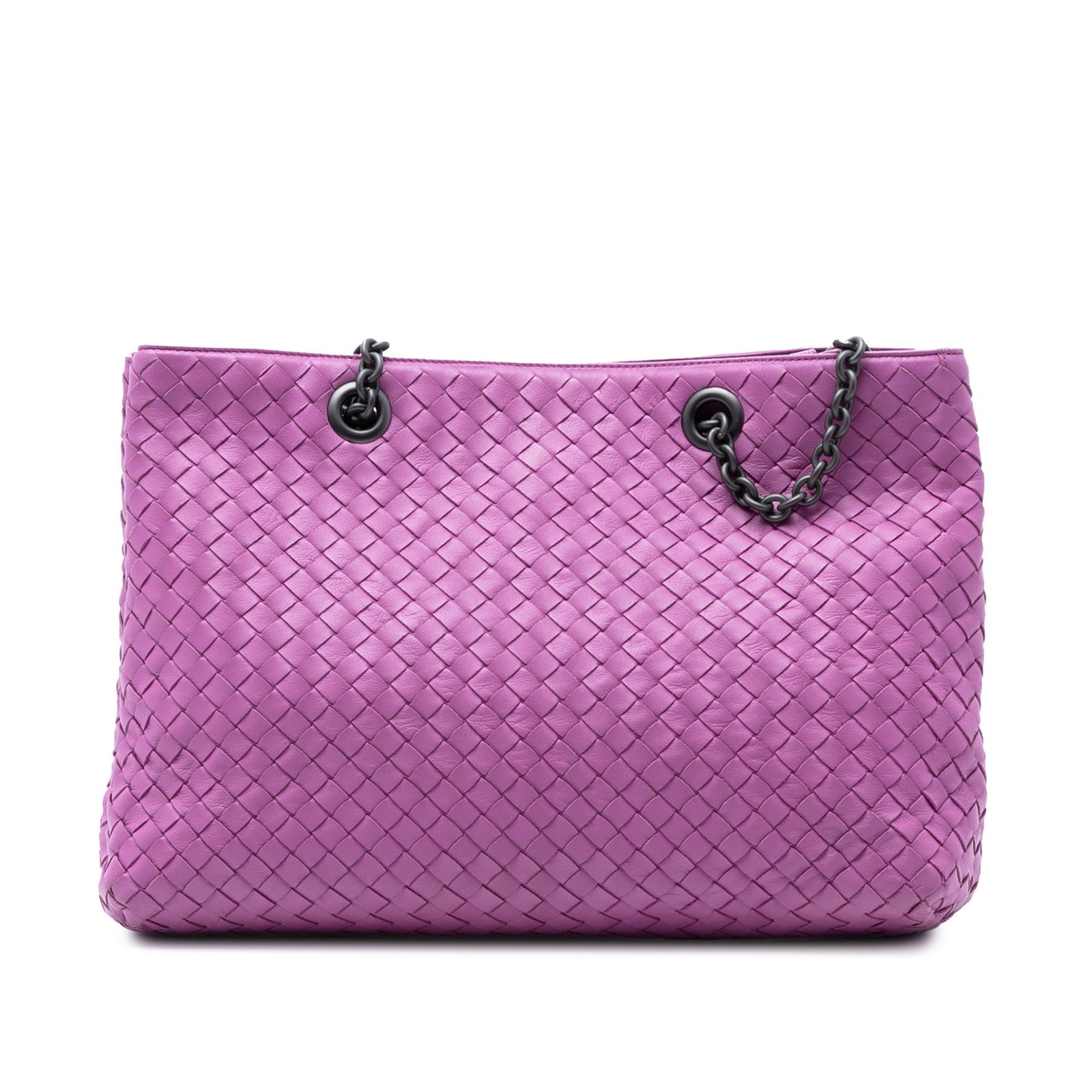 Bottega Veneta Intrecciato Purple Nappa Tote Bag: Bottega Veneta Intrecciato Purple Nappa Tote Bag This Bottega Veneta Medium Nappa Intrecciato Double Chain Tote features a woven nappa leather exterior in purple, complemented by chain link straps wit